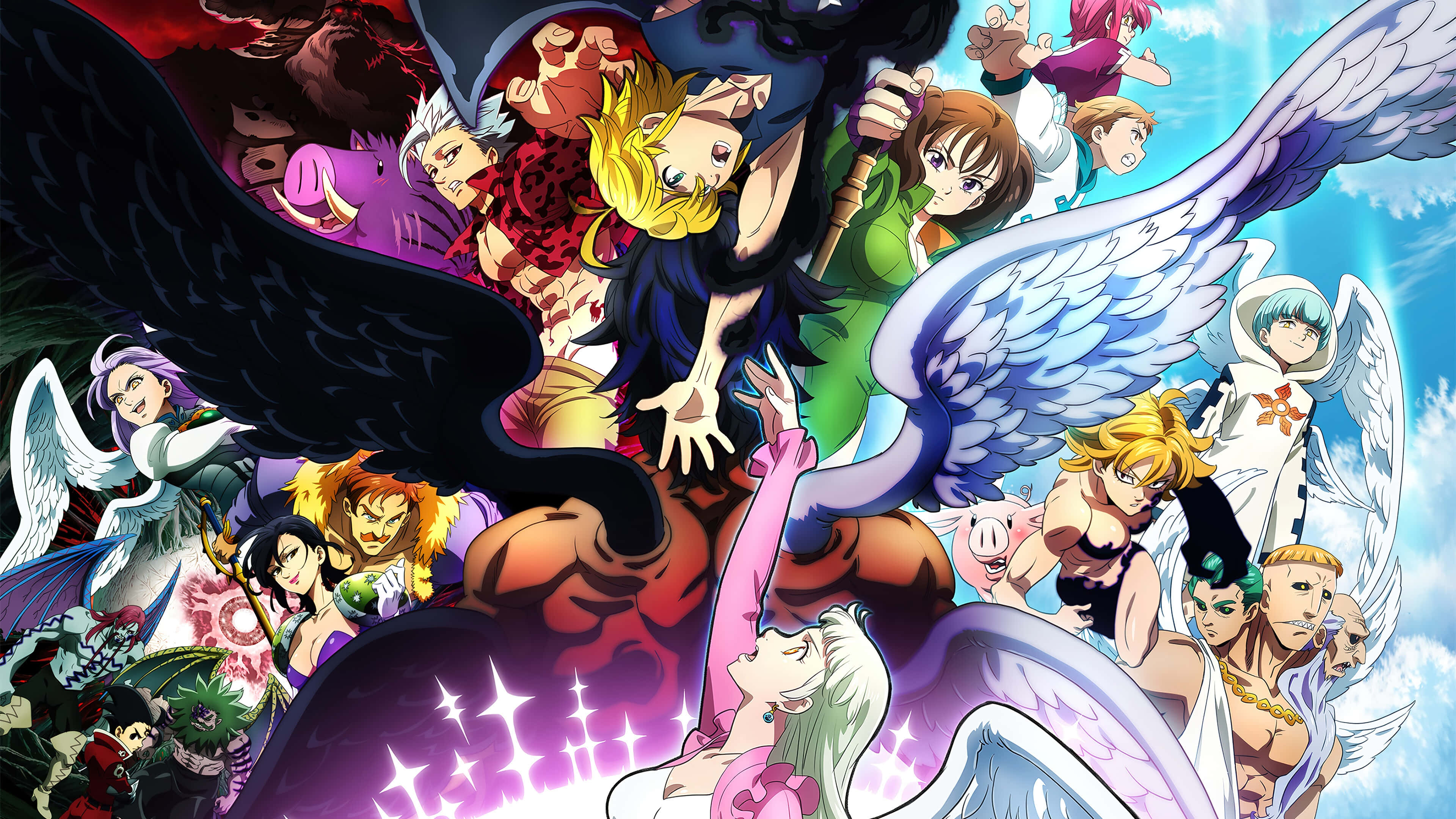 The Seven Deadly Sins 桌布 壁紙 — 一幅動態動漫拼貼畫，描繪了多個帶有翅膀和戲劇性表情的角色，背景是明亮的天空。