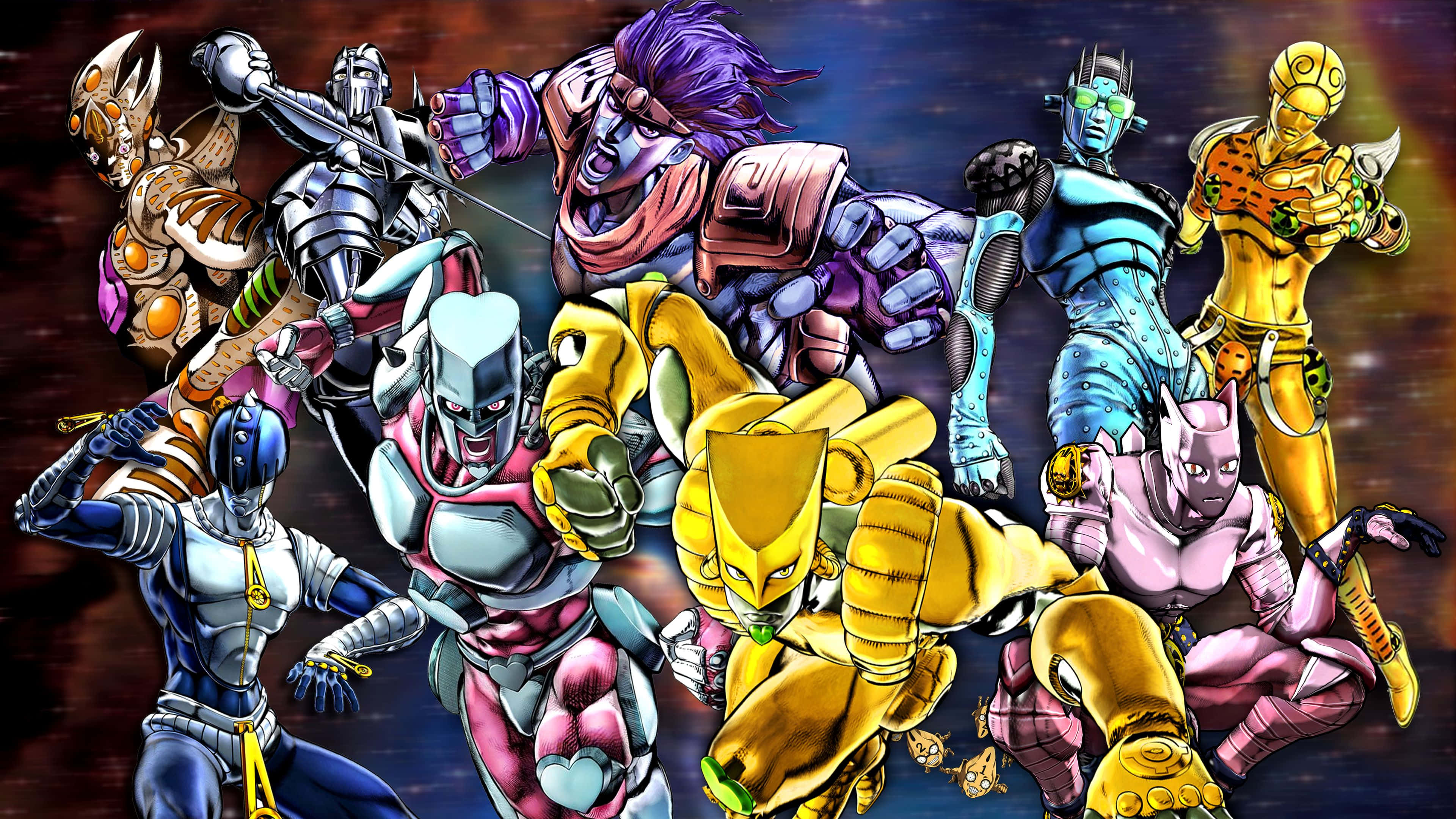 Jojo Stands 桌布 壁紙 — 一幅動態動漫插圖，描繪九個JoJo's Bizarre Adventure角色在宇宙背景下擺出英雄姿勢。
