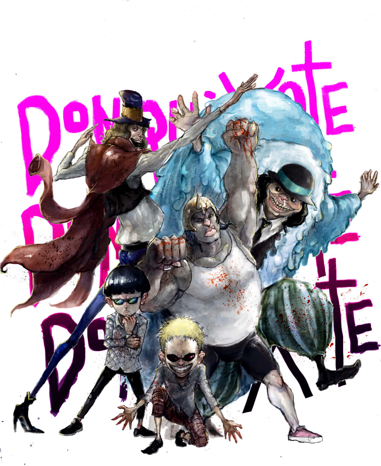 Donquixote Family 桌布 壁紙 — 一幅動態動漫插圖，描繪五個怪誕、風格化的角色，在塗鴉風格的粉紅色和紫色背景上，帶有誇張的表情和暴力姿勢。