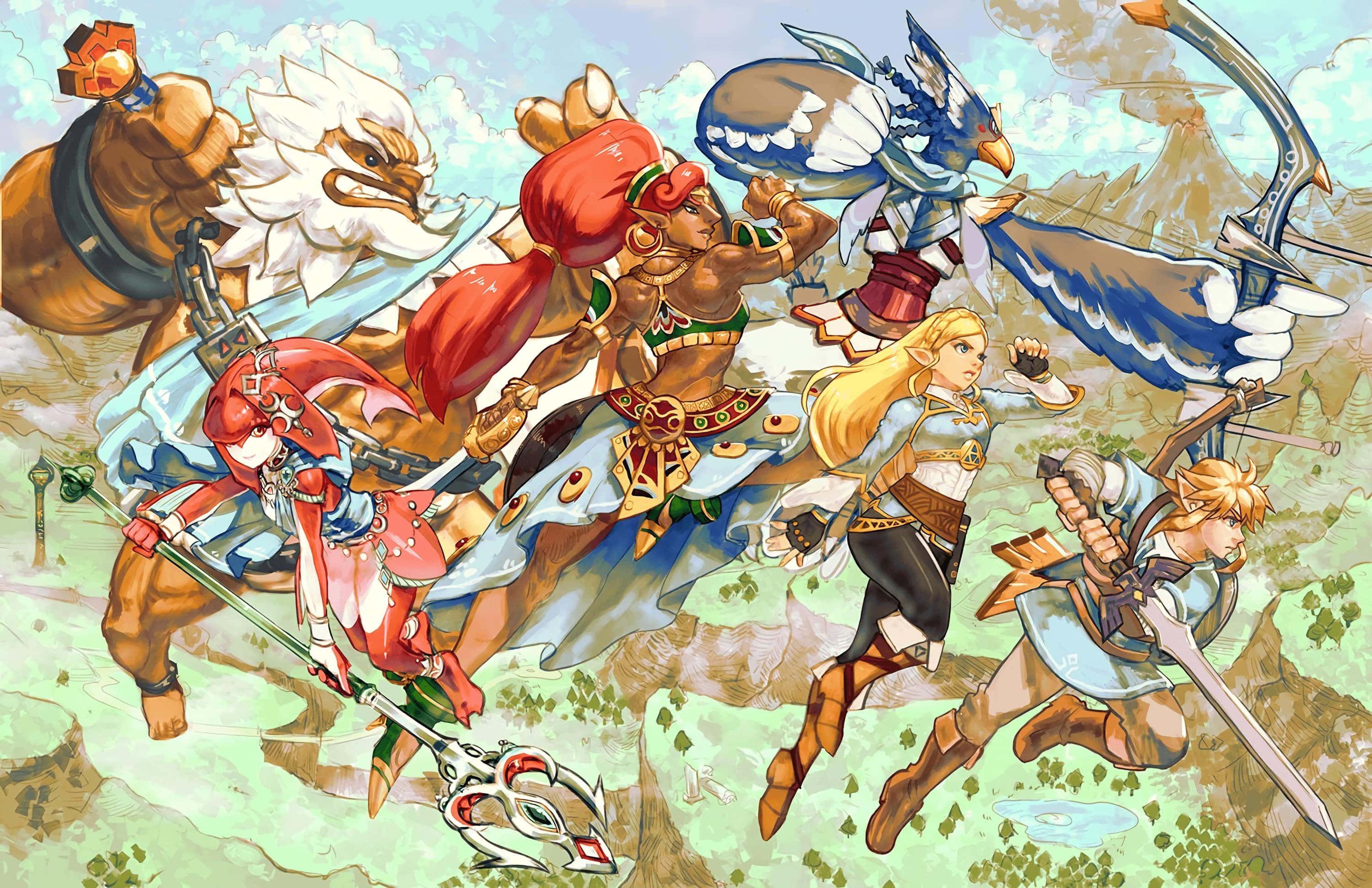 The Legend Of Zelda Urbosa 桌布 壁紙 — 一幅動態動漫風格插圖，描繪六位英雄角色在山地景觀中激烈行動。