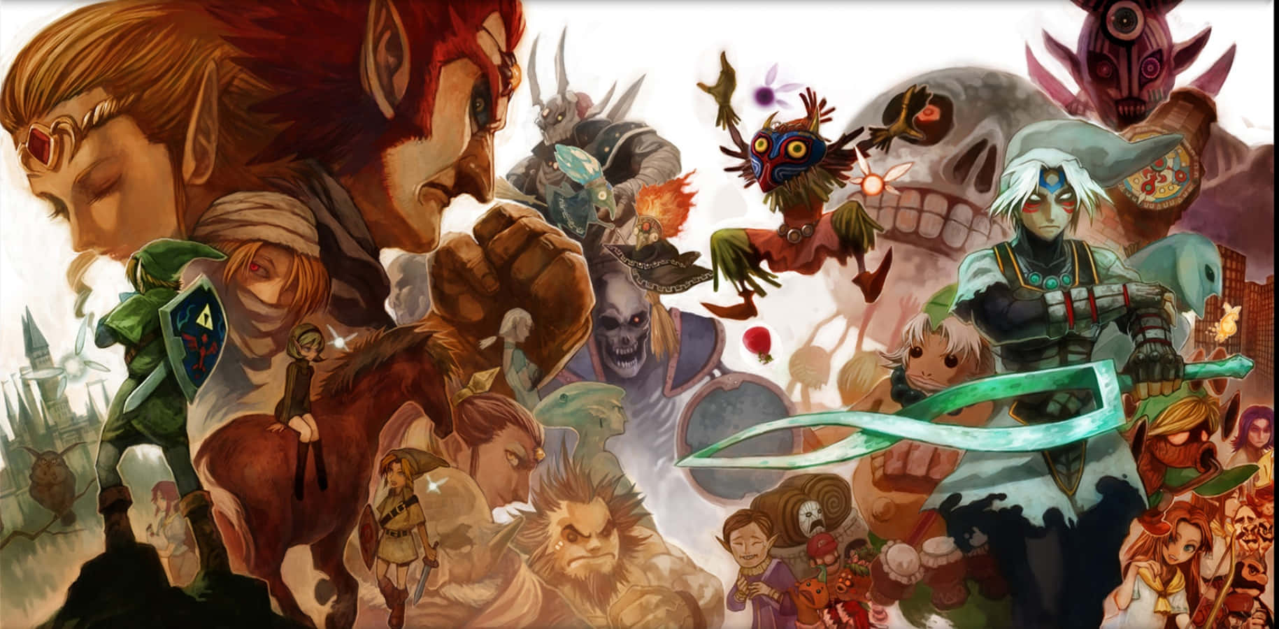 The Legend Of Zelda Characters 桌布 壁紙 — 一幅動態奇幻插圖，描繪林克、加農多夫及其他薩爾達角色在混亂的戰鬥場景中。