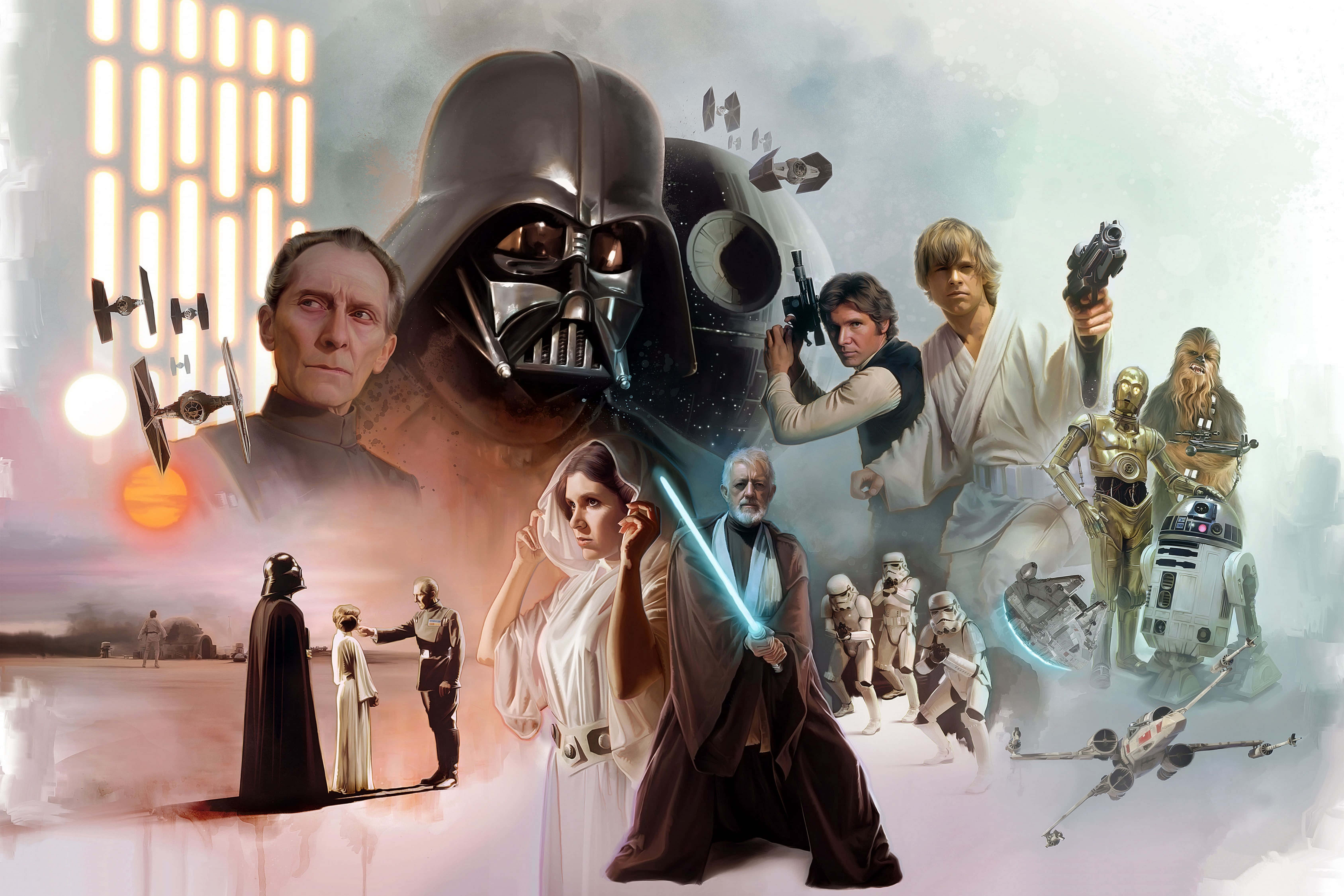 A New Hope 桌布 壁紙 — 一幅動態拼貼畫，包含星際大戰角色和場景，包括達斯維達、路克天行者、莉亞和機器人，背景是宇宙背景，有星艦和沙漠星球。
