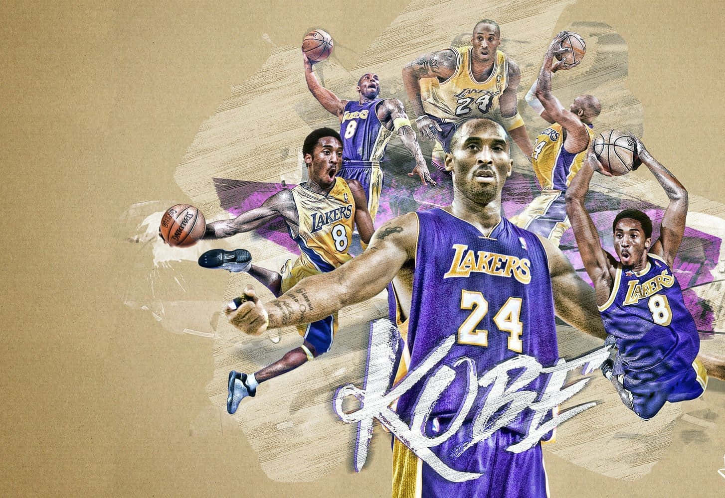 Kobe 桌布 壁紙 — 一幅動態拼貼畫，展示身穿湖人隊球衣的高比拜仁在帶紋理的米色背景上做出多個動作，並配上粗體 'KOBE' 字樣。