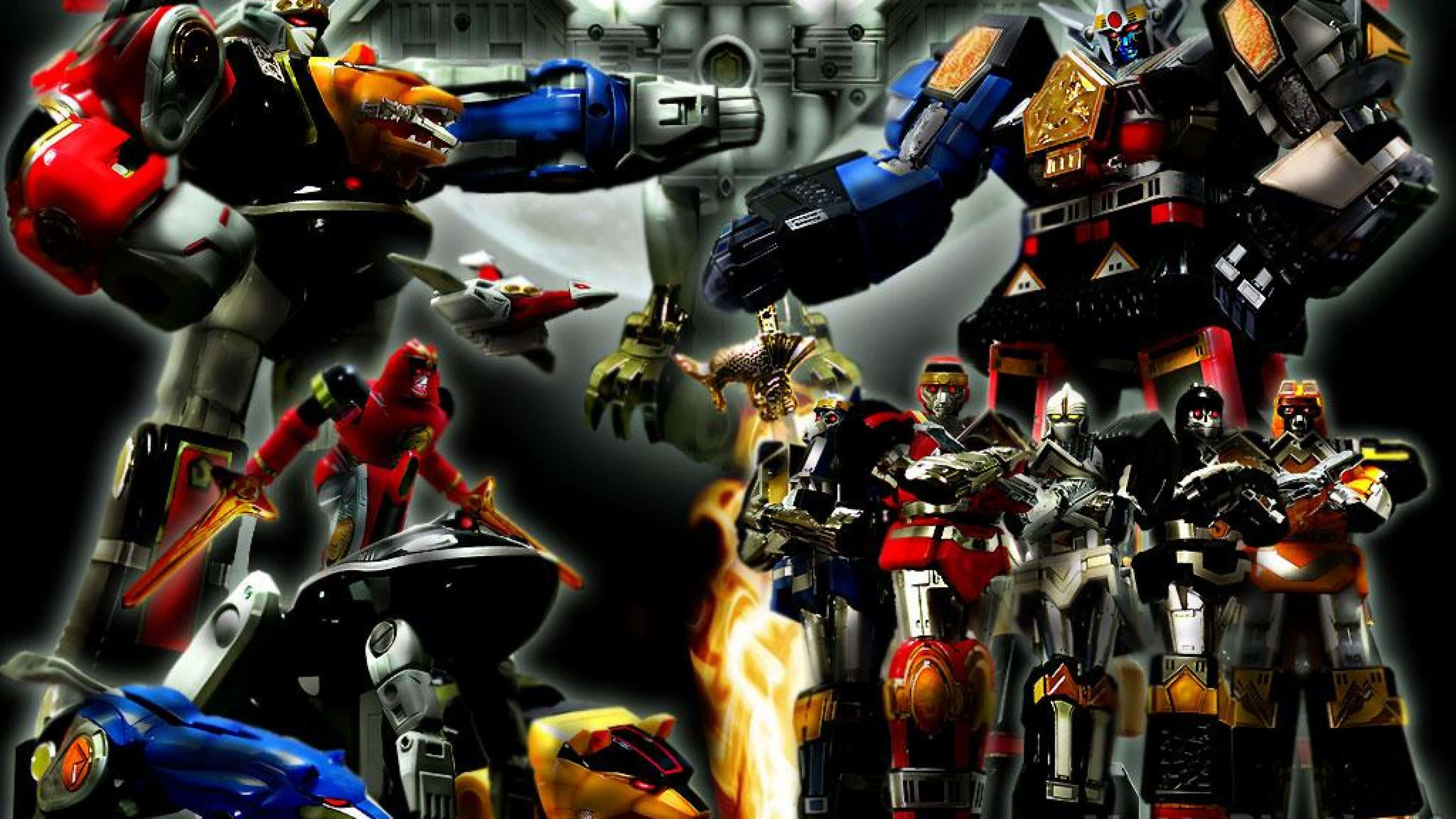 Power Rangers 桌布 壁紙 — 一幅動態拼貼畫，描繪巨型機械人戰士與較小機甲在黑暗工業背景下擺出戰鬥姿勢，伴隨熾熱爆炸。