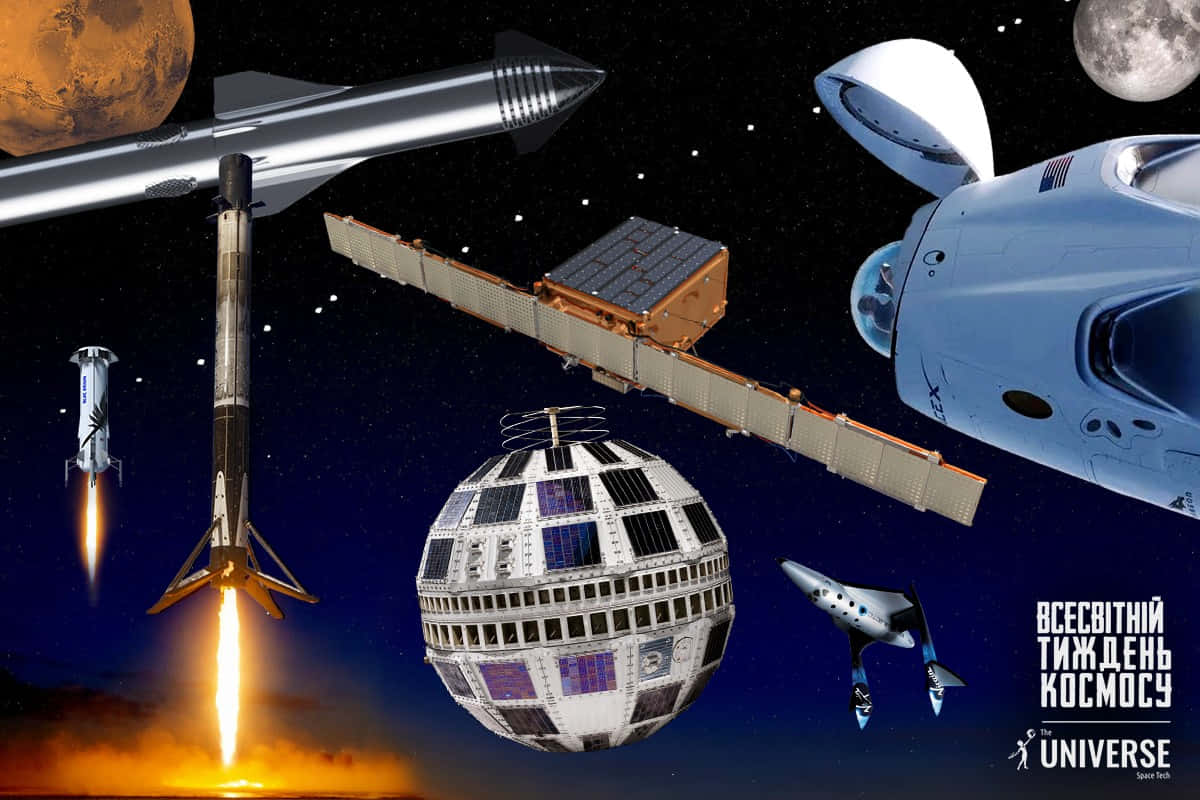 Satellite Technology 桌布 壁紙 — 一幅動態拼貼畫，描繪未來主義的太空船、火箭和衛星在繁星點點的太空中翱翔，火星和月球盡收眼底。