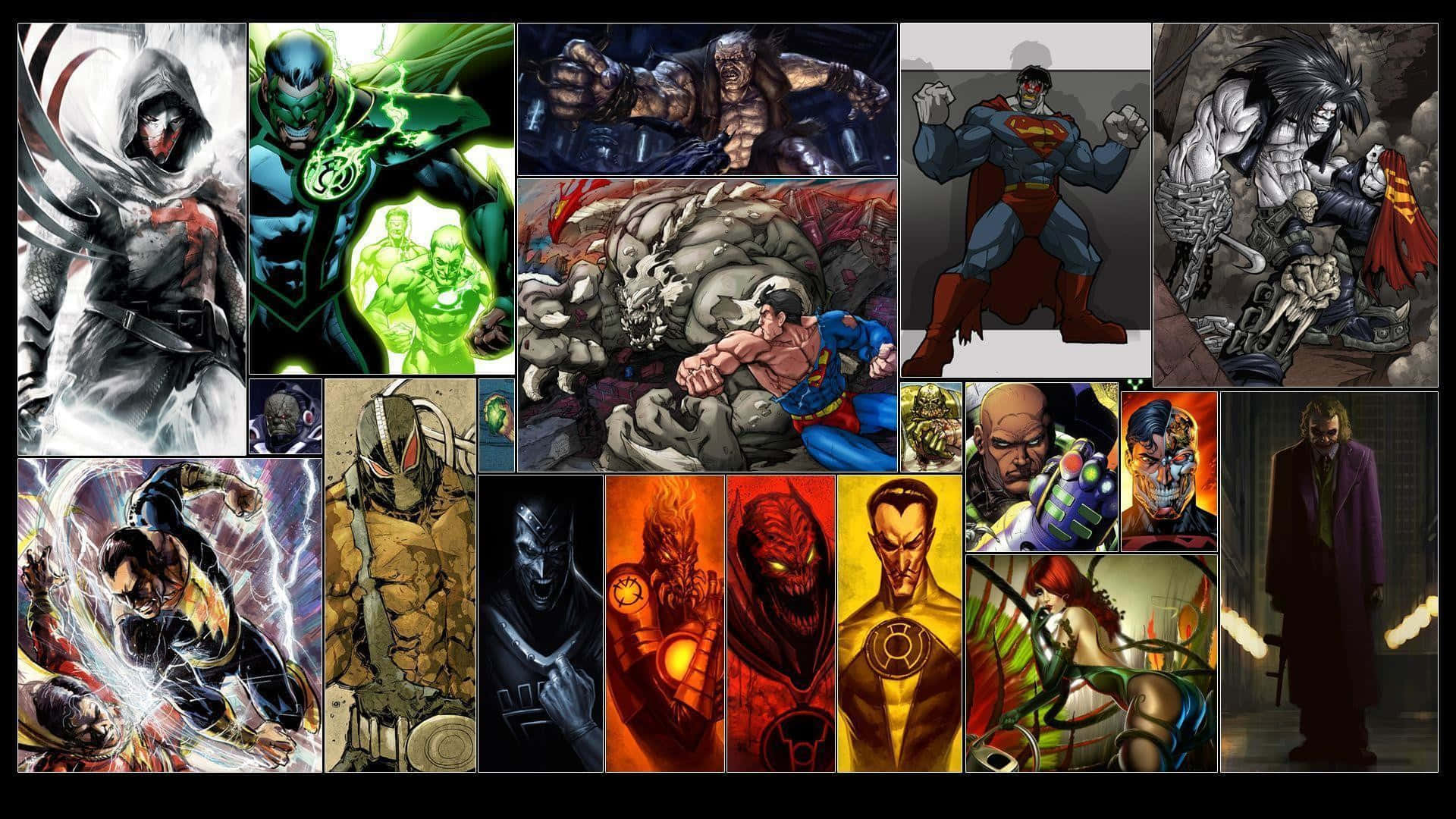Cartoon Villains 桌布 壁紙 — 一幅動態拼貼畫，描繪漫畫書中的超級英雄和反派以戲劇性的姿勢呈現，色彩鮮豔，表情強烈。