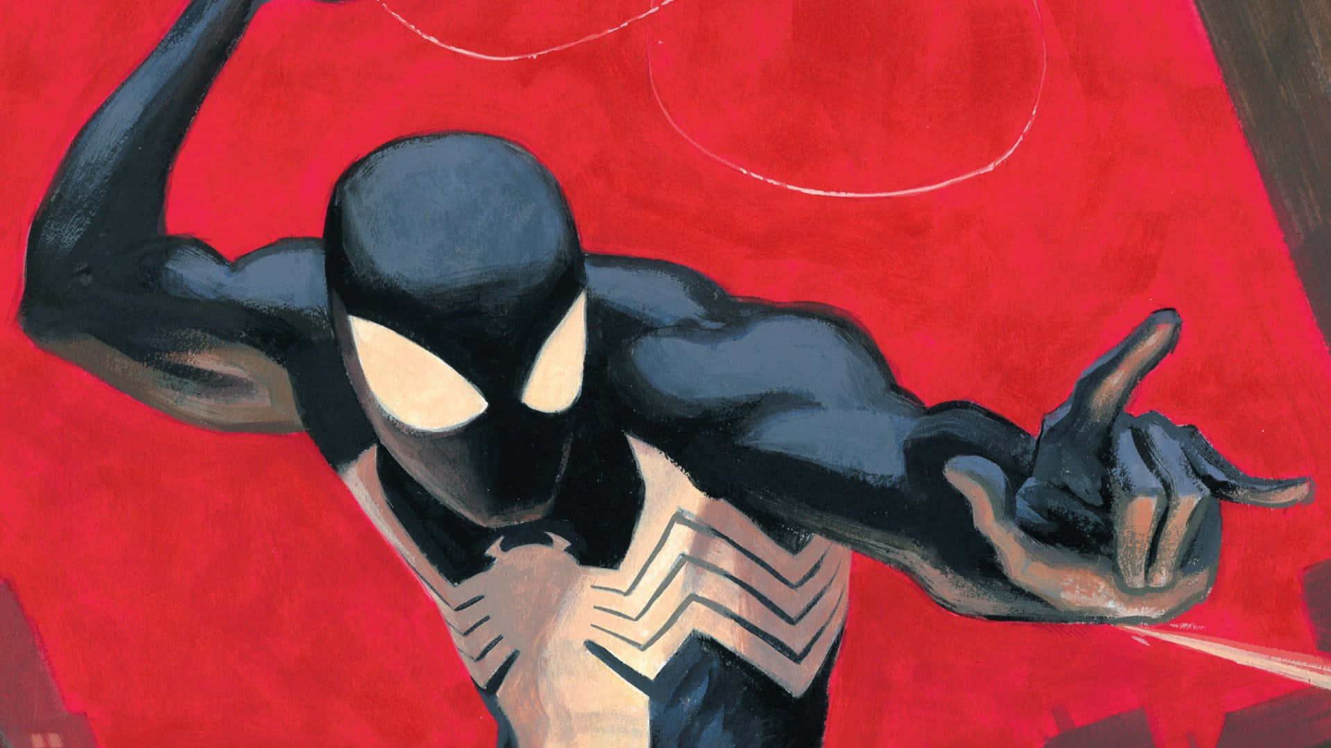 Friendly Neighborhood Spider-man 桌布 壁紙 — 一幅動態插圖，描繪毒液穿著黑白戰衣，在鮮紅色背景前擺出姿勢。