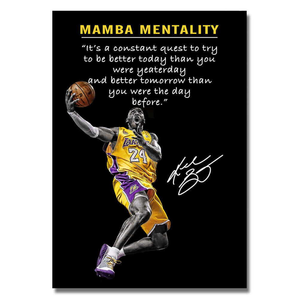 Mamba Mentality 桌布 壁紙 — 一幅動態插圖，描繪高比·拜仁穿著湖人球衣扣籃，上方有『曼巴精神』語錄。