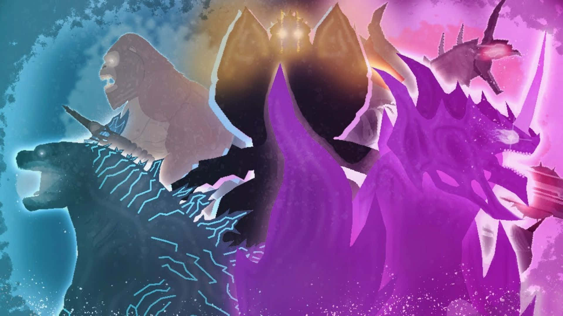 Godzilla Vs Destoroyah 桌布 壁紙 — 一幅動態數碼藝術戰鬥場景，以鮮豔的紫色和藍色色調描繪哥斯拉及其他怪獸。