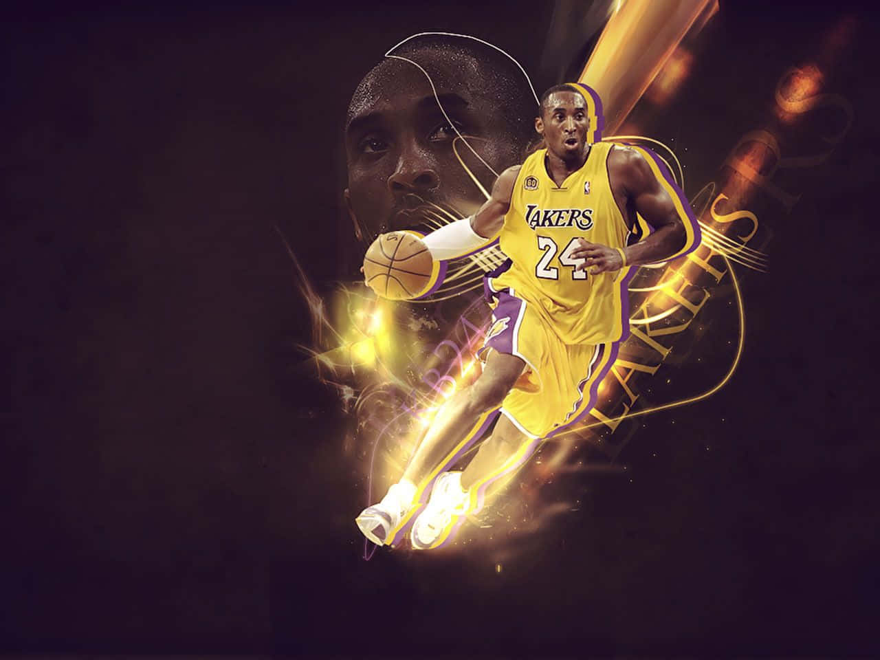 科比· Bryant 桌布 壁紙 — 一幅動態數碼藝術描繪高比·拜仁身穿湖人球衣運球，伴隨著金色光軌和身後一個幽靈般的面孔。