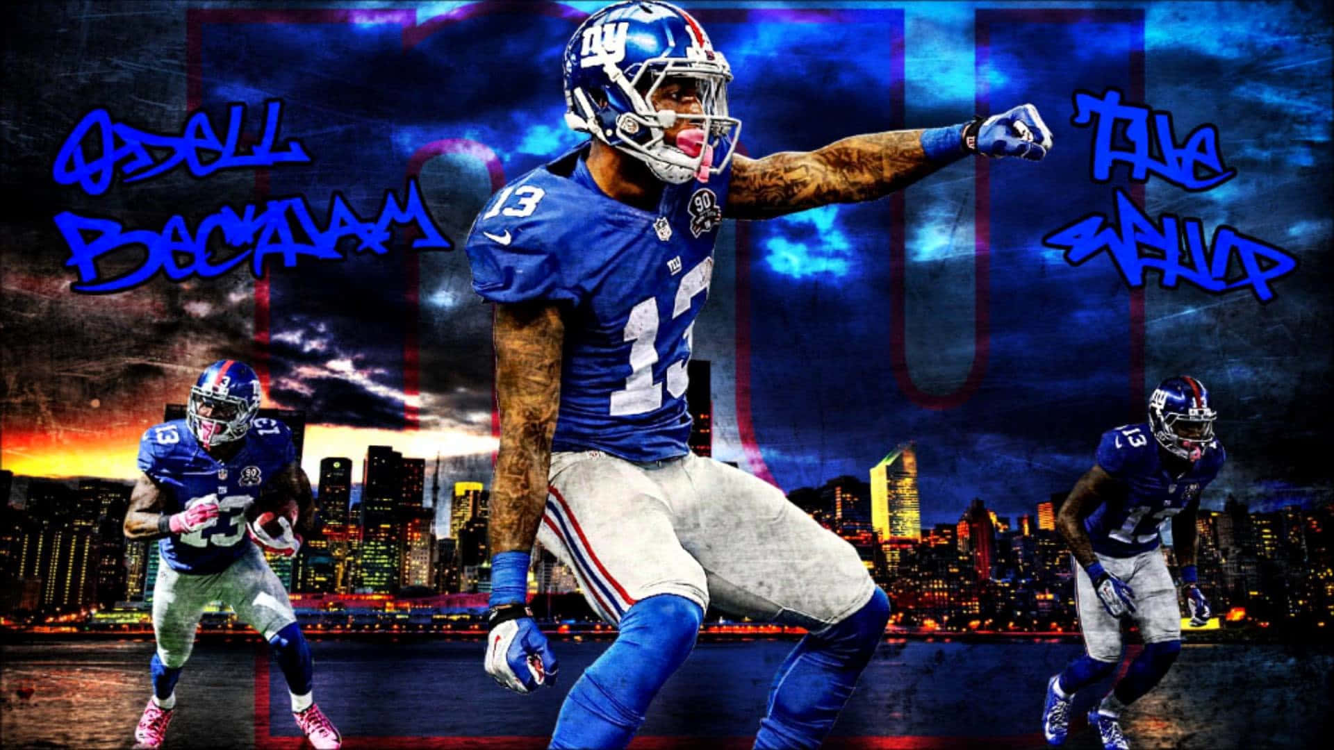 Obj 桌布 壁紙 — 一幅動態數碼藝術牆紙，展示NFL球員奧德爾·貝克漢姆 Jr.在黃昏時分於充滿活力的城市天際線前奮戰。