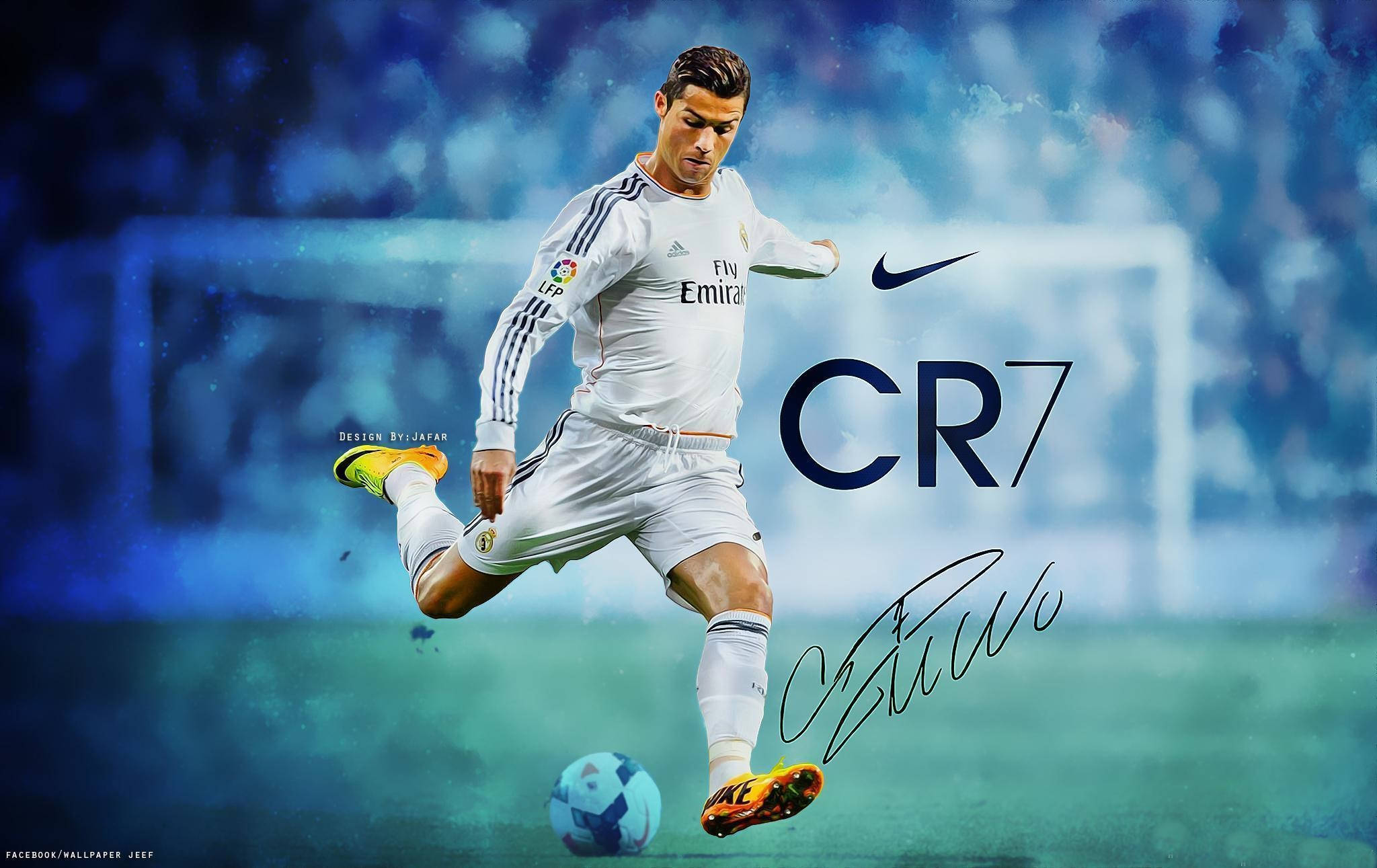 Cristiano Ronaldo 桌布 壁紙 — 一幅動態數碼藝術肖像，描繪基斯坦奴·朗拿度身穿白色皇家馬德里球衣，在模糊的球場背景下凌空踢球。