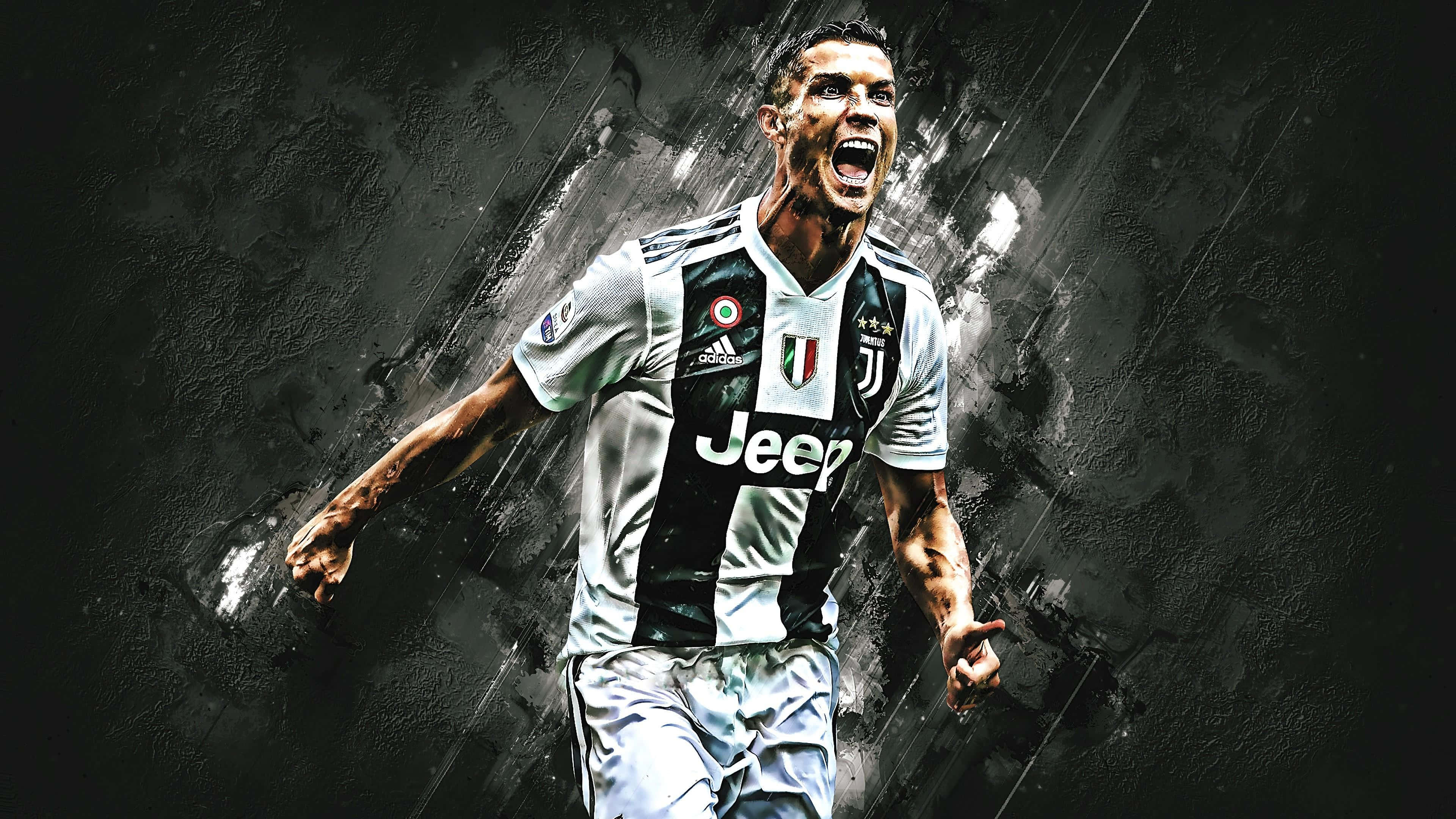 Ronaldo 桌布 壁紙 — 一幅動態數碼藝術肖像，描繪基斯坦奴·朗拿度身穿祖雲達斯球衣，在粗糙的深色背景前發出強烈咆哮慶祝。