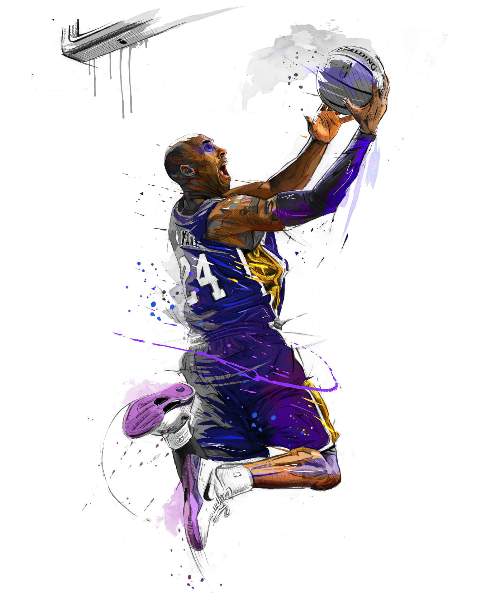 Kobe 桌布 壁紙 — 一幅動態水彩插圖，描繪高比·拜仁（Kobe Bryant）在半空中入樽籃球，帶有紫色和金色的潑濺效果。