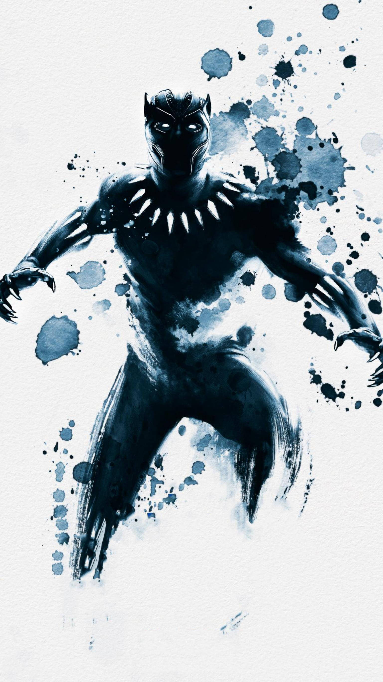 avengers android 桌布 壁紙 — 一幅動態水彩插圖，描繪黑豹以強而有力的姿勢，配上藍色墨水飛濺，背景為白色。