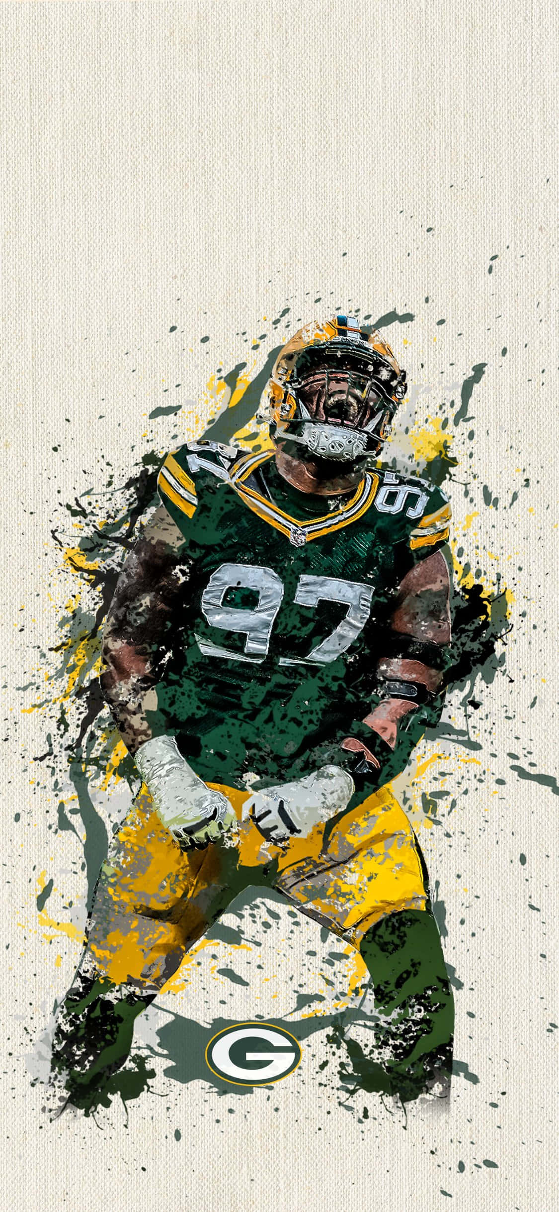 Packers 桌布 壁紙 — 一幅動態水彩潑濺藝術作品，描繪身穿綠金色97號球衣的綠灣包裝工美式足球員。