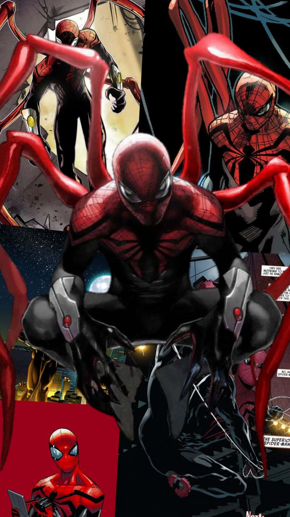 Superior Spider-man 桌布 壁紙 — 一幅動態漫畫拼貼畫， featuring 蜘蛛俠穿著各種紅黑戰衣，帶有蛛網狀四肢和城市景觀背景。
