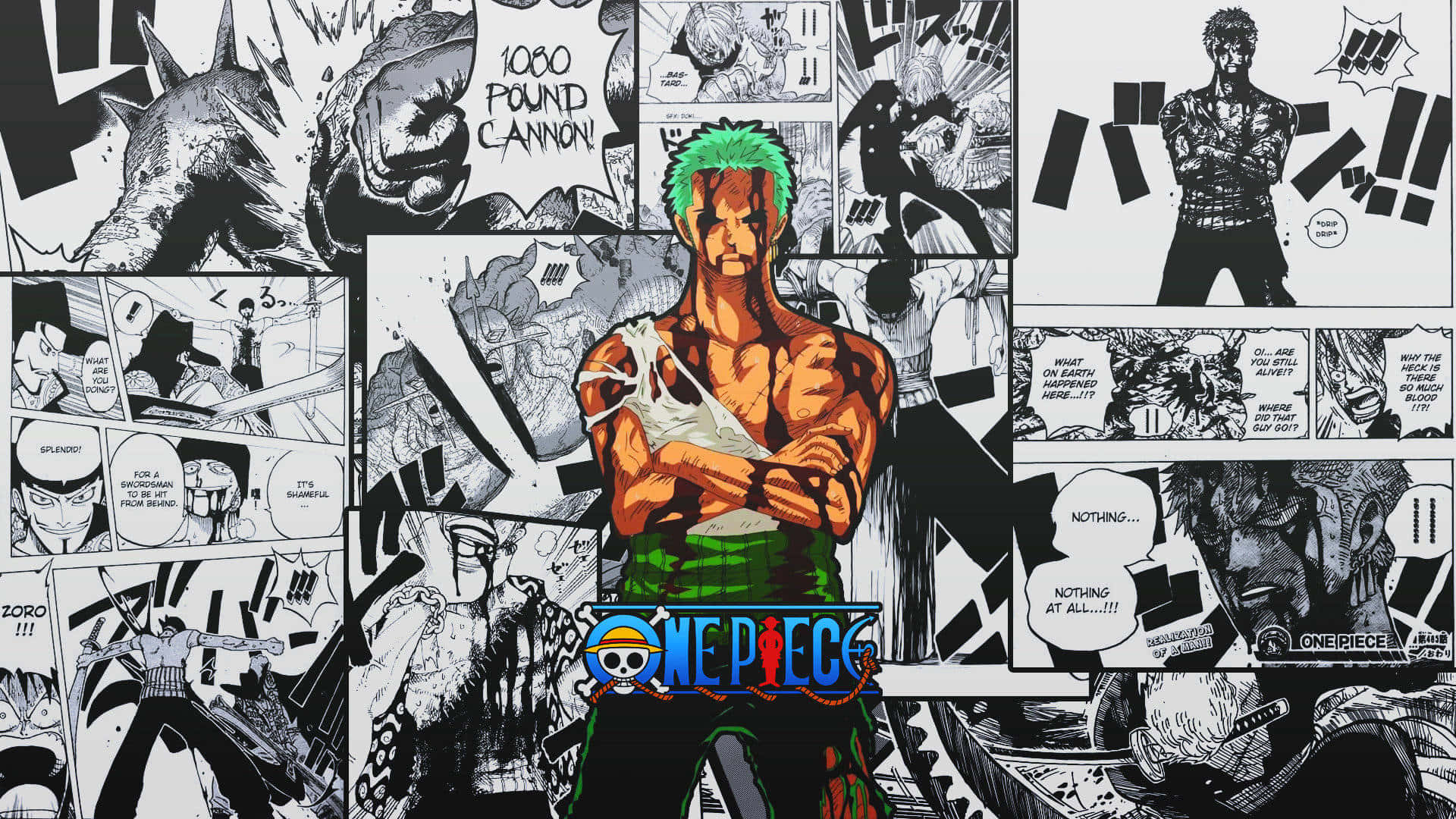 One Piece Manga 桌布 壁紙 — 一幅動態漫畫拼貼畫，以一位交叉雙臂的綠髮戰士為中心，周圍環繞著《One Piece》中充滿動作的畫面。