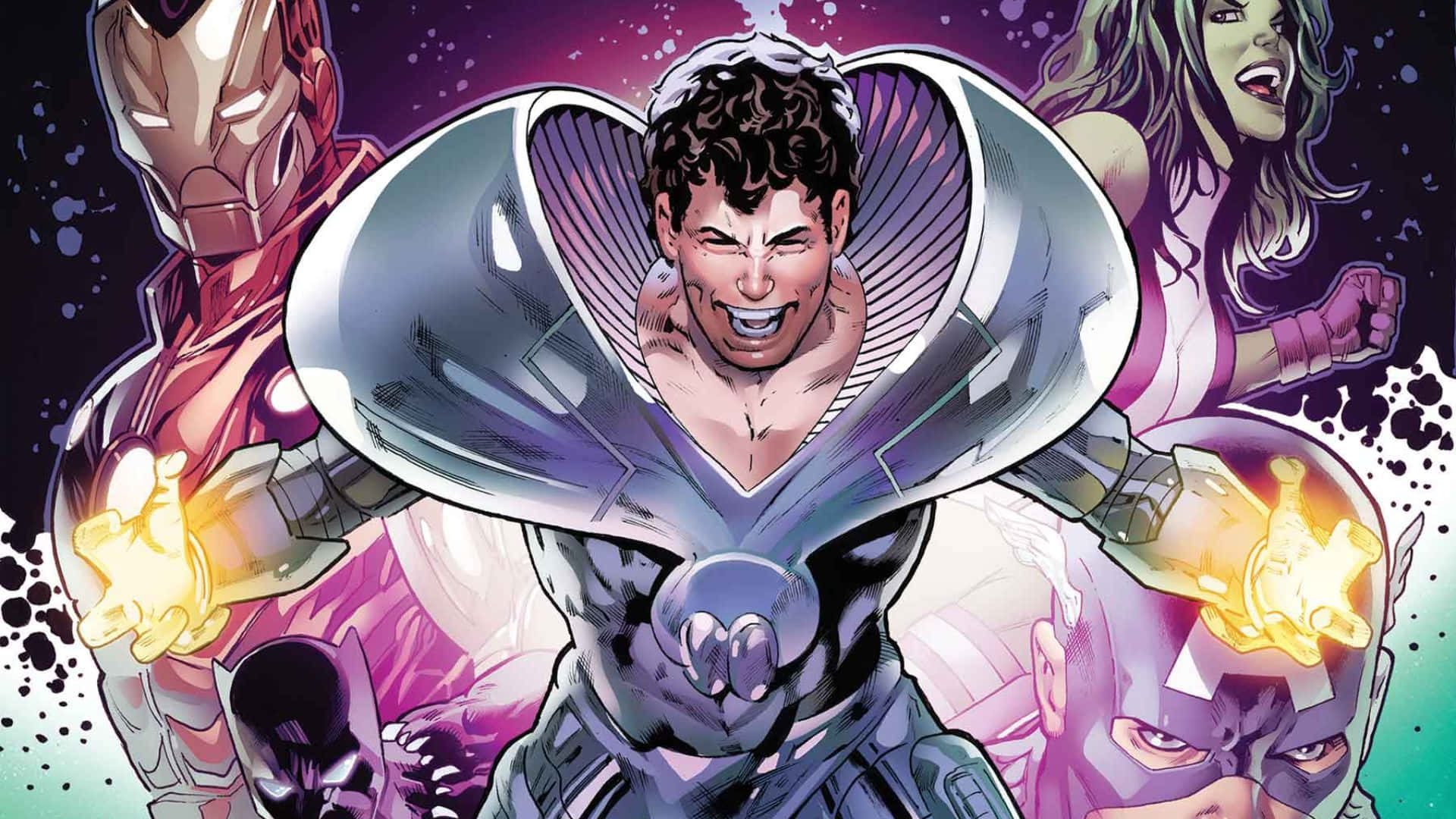 Beyonder 桌布 壁紙 — 一幅動態漫畫插圖，中央超級英雄閃耀拳頭，被標誌性Marvel角色環繞，背景為宇宙紫色。