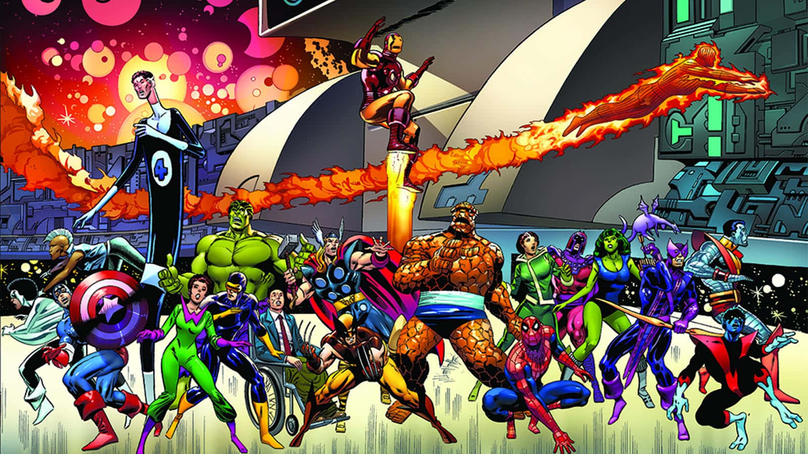 Secret Wars 桌布 壁紙 — 一幅動態漫畫插圖，描繪了像變形俠醫和蜘蛛俠這樣的漫威超級英雄在熾熱的宇宙背景下英勇地擺出姿勢。
