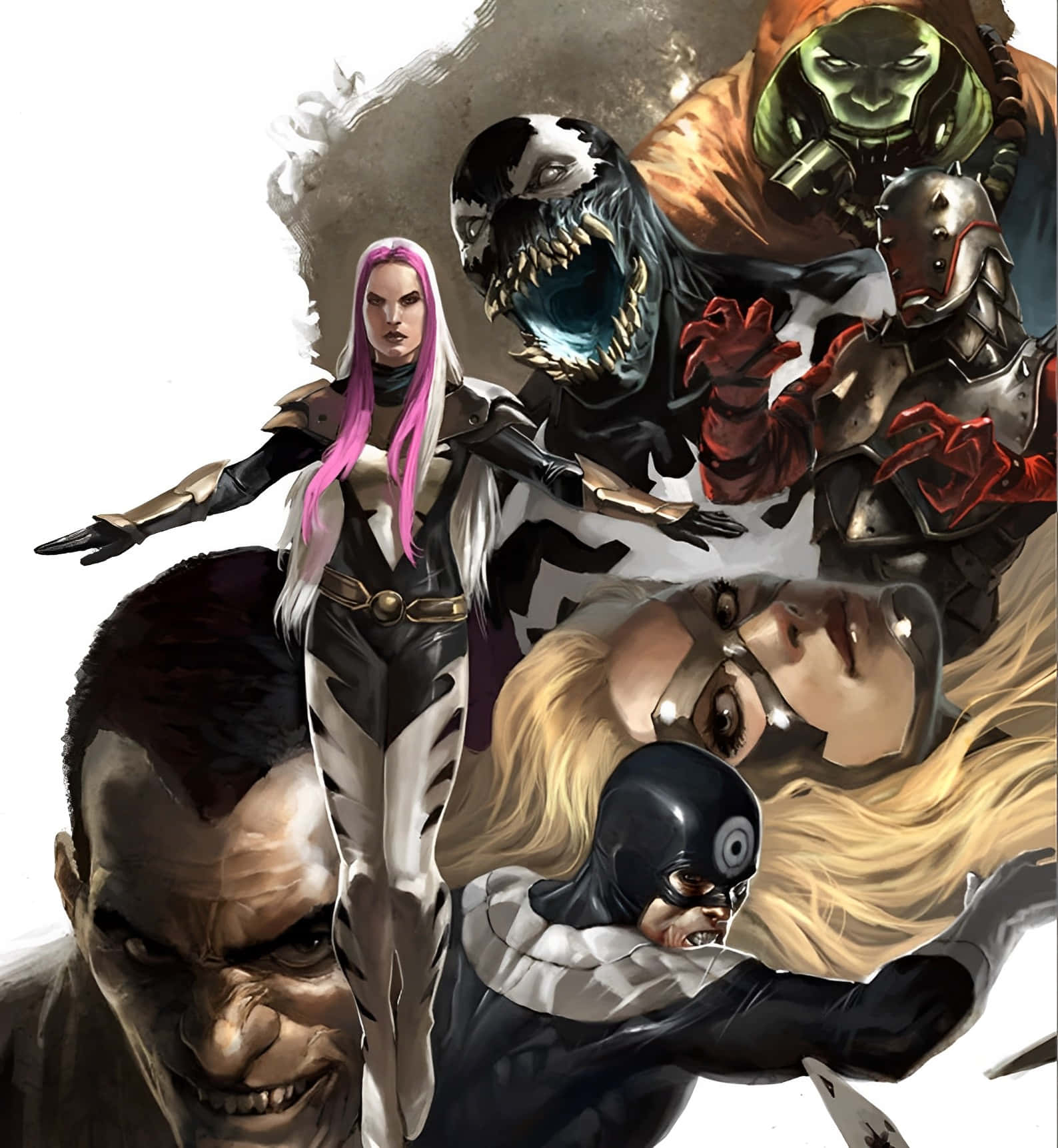 Thunderbolts 桌布 壁紙 — 一幅動態漫畫插圖，描繪了毒液、粉紅髮戰士及其他具威脅性的超級英雄擺出戲劇性的姿勢。