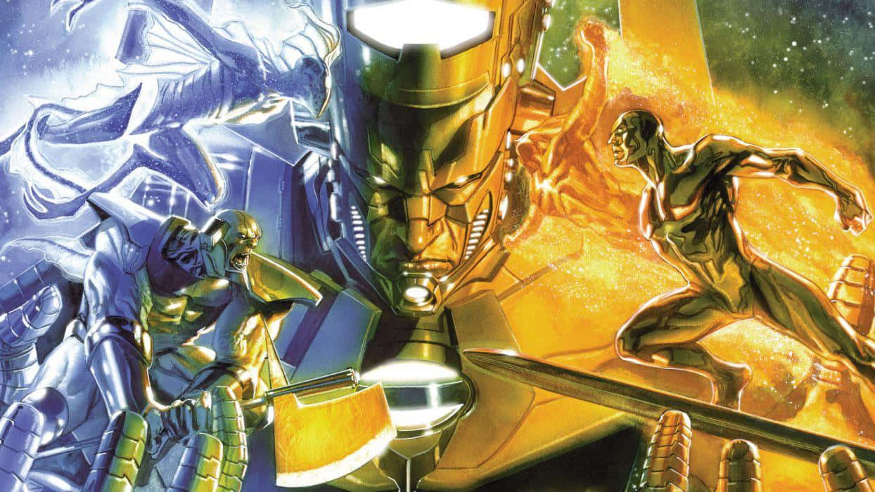 Galactus 桌布 壁紙 — 一幅動態漫畫插圖，描繪身穿藍色和金色盔甲的英雄在宇宙背景下戰鬥。