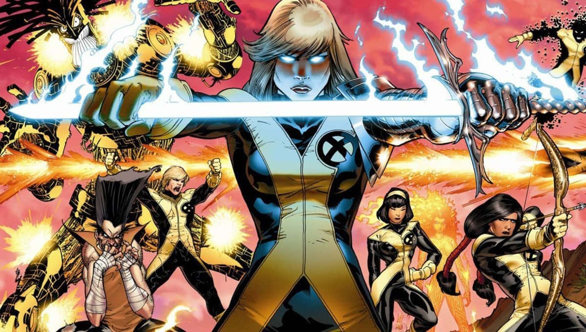 New Mutants 桌布 壁紙 — 一幅動態漫畫書插圖，描繪X-Men角色在鮮紅色背景上，伴隨著電能和猛烈爆炸的動作場景。