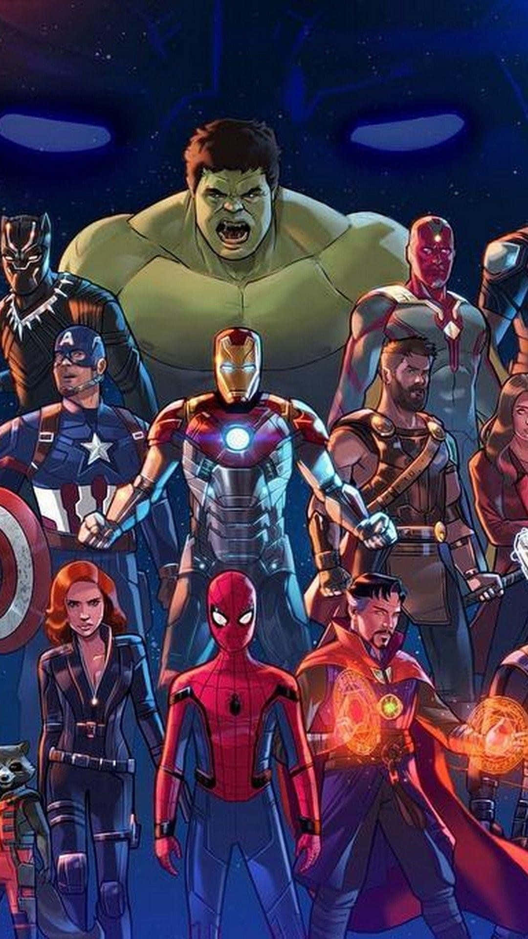 Earth's Mightiest Heroes 桌布 壁紙 — 一幅動態漫畫書插圖，描繪了Marvel超級英雄如Hulk、Iron Man和Spider-Man一起站在宇宙星空背景前。