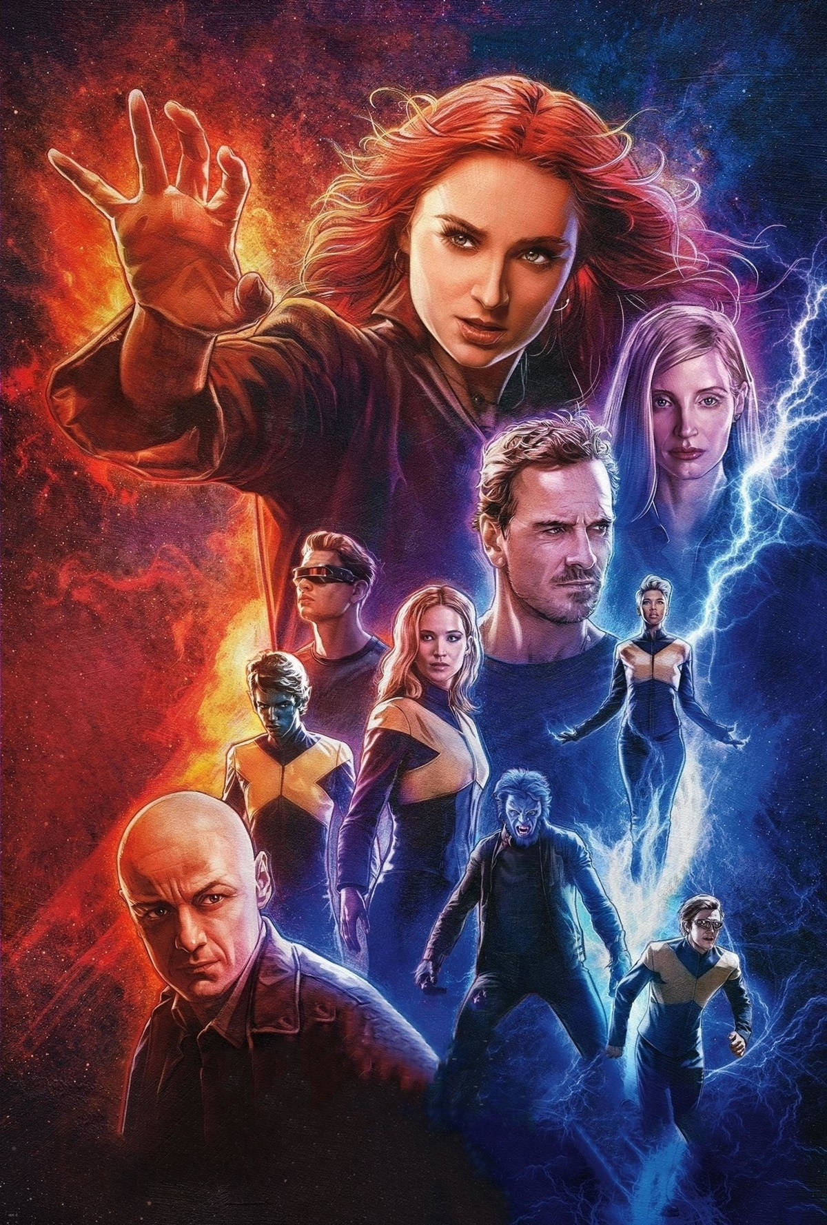 X Men Movie Dark Phoenix 2009 壁紙 — 一幅動態漫畫書風格的X-Men角色插圖，周圍環繞著火紅和電藍色的能量效果。