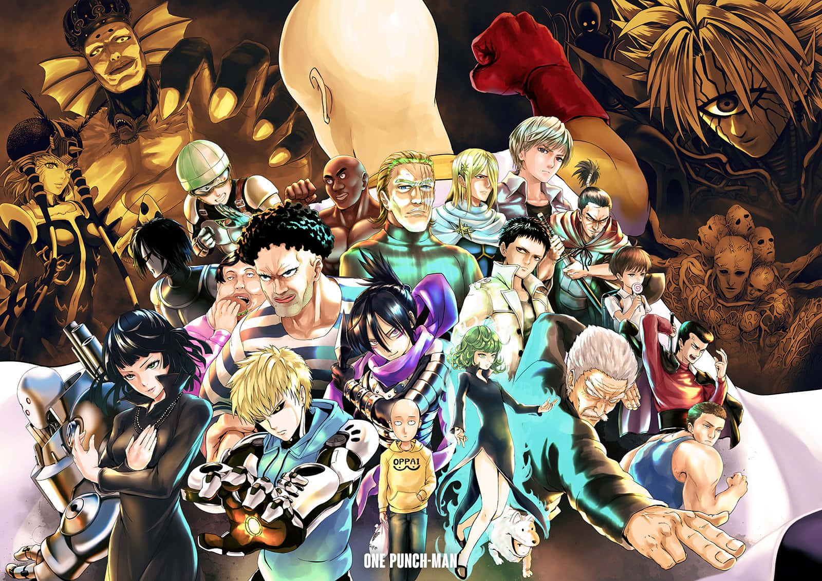 One Punch Man King 桌布 壁紙 — 一幅動態的動漫拼貼畫，描繪《一拳超人》角色以英雄和反派姿態，襯以戲劇性的深色背景。