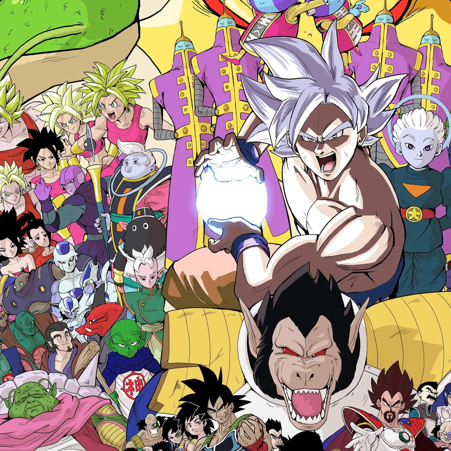 Dragon Ball Characters 桌布 壁紙 — 一幅動態的動漫拼貼畫，描繪龍珠角色以鮮豔色彩和強烈表情擺出戰鬥姿勢。