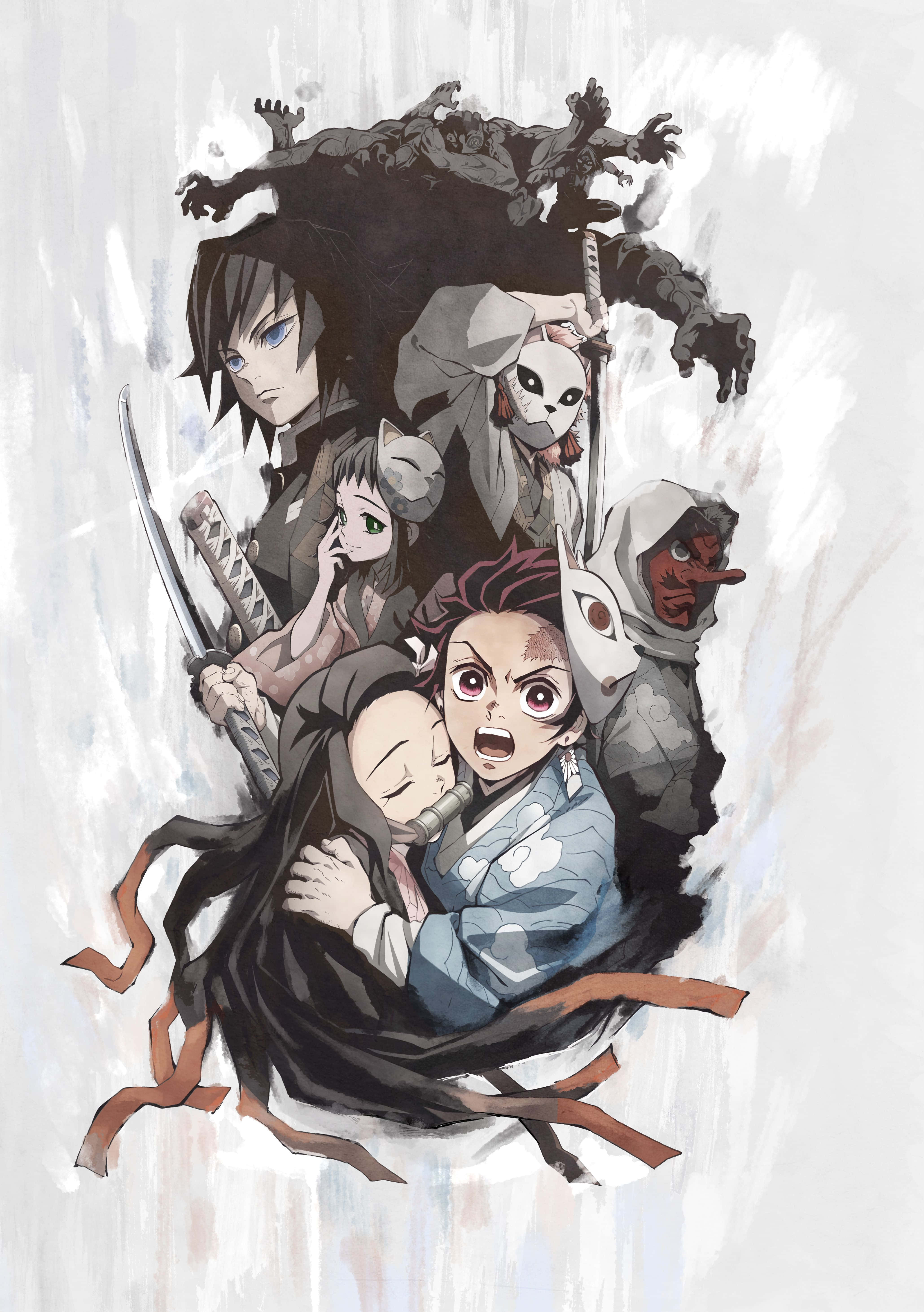 鬼滅之刃 桌布 壁紙 — 一幅動態的動漫插圖，描繪了《鬼滅之刃》角色在暴風雨般的灰色背景下擺出戰鬥姿勢。