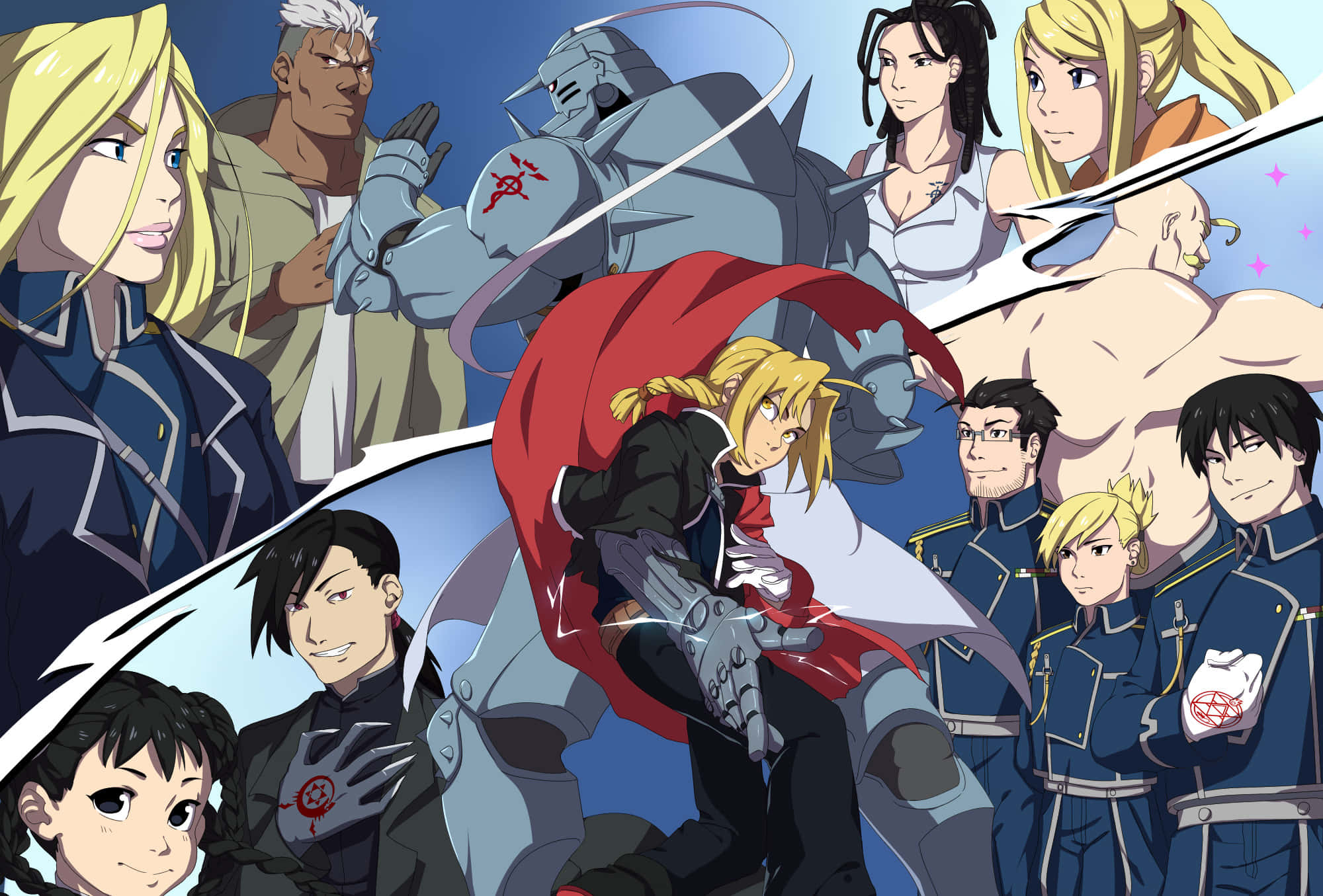 Fullmetal Alchemist Scar 桌布 壁紙 — 一幅動態的動漫群像，描繪了身穿紅色斗篷的愛德華·艾力克和身穿盔甲的角色，背景是藍天。