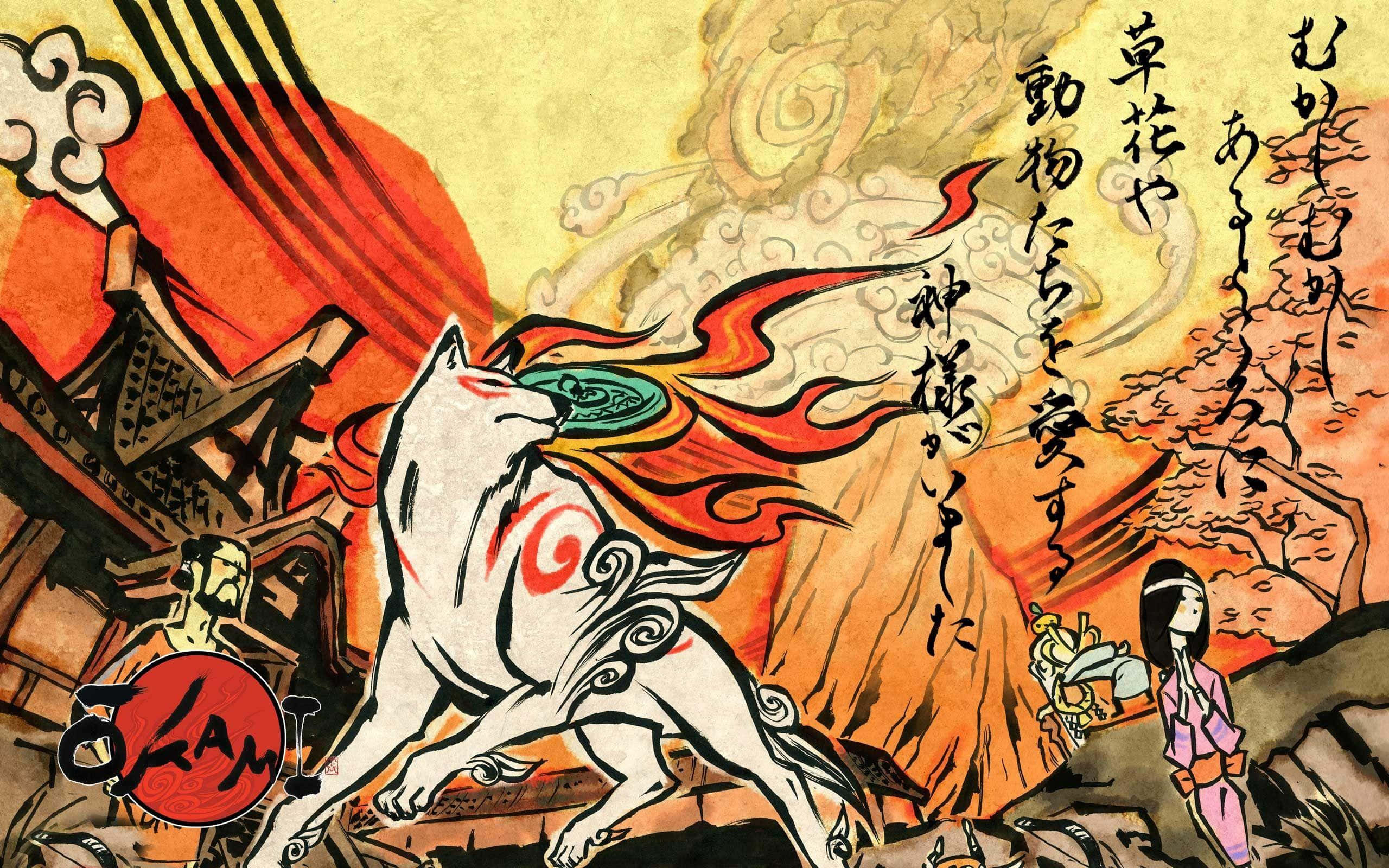 Raijin 桌布 壁紙 — 一幅動態的日式插圖，描繪一隻帶有紅色標記的白狼在熾熱的橙色雲朵和傳統建築中跳躍。