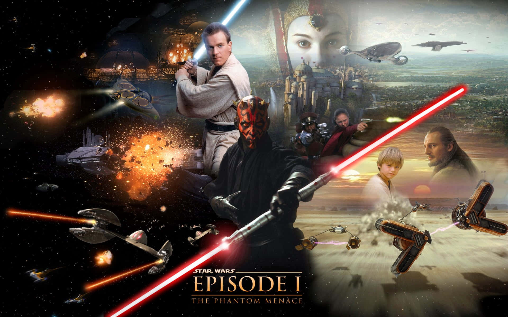 Naboo 桌布 壁紙 — 一幅動態的星際大戰首部曲拼貼畫， featuring 光劍決鬥、爆炸和標誌性角色，背景為太空和沙漠戰場。