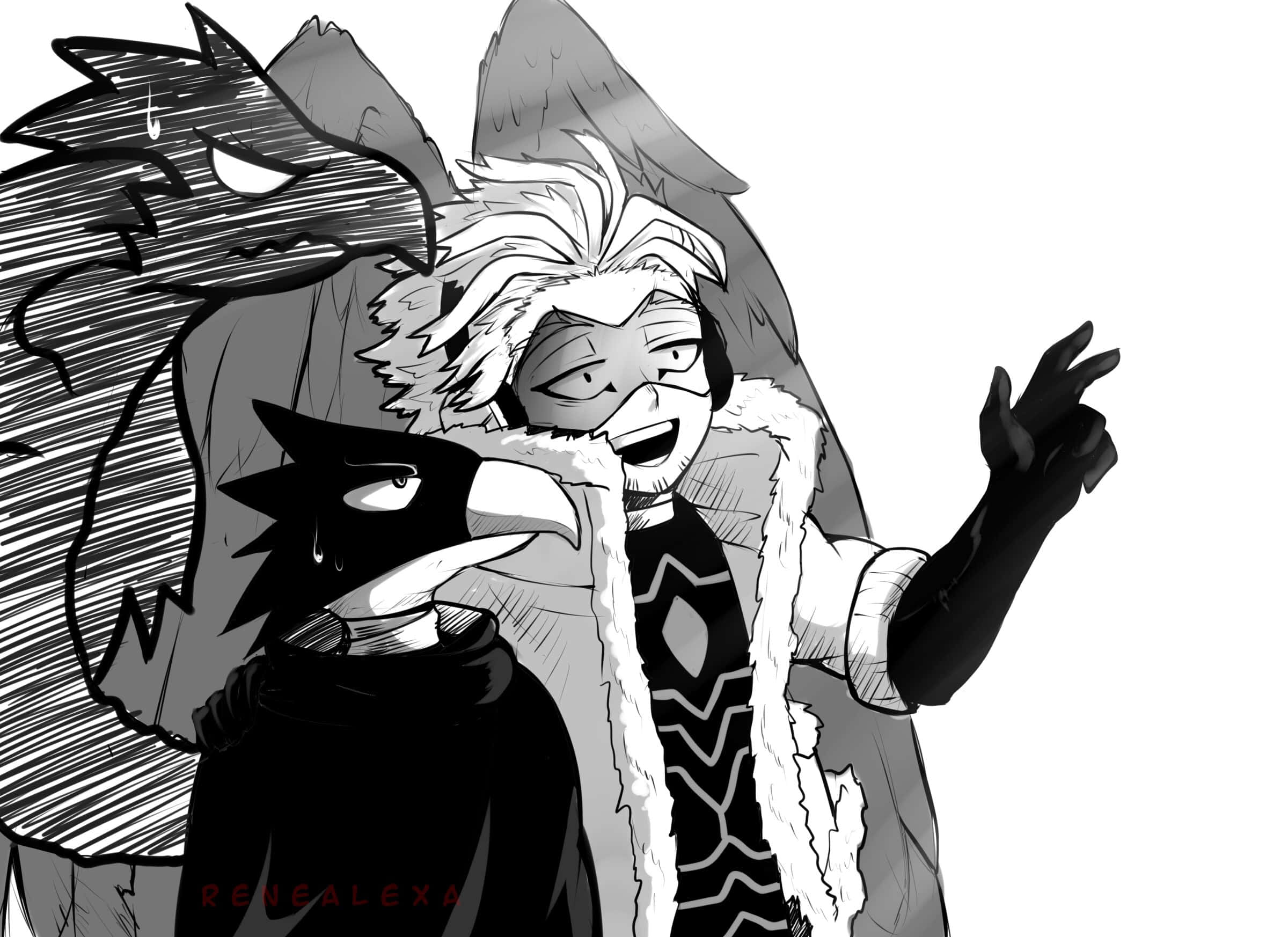 Fumikage Tokoyami 桌布 壁紙 — 一幅動態黑白動漫插圖，描繪一個頭髮狂野、戴著鳥形面具的男人，兩側有兩個兇猛的鳥頭人物。