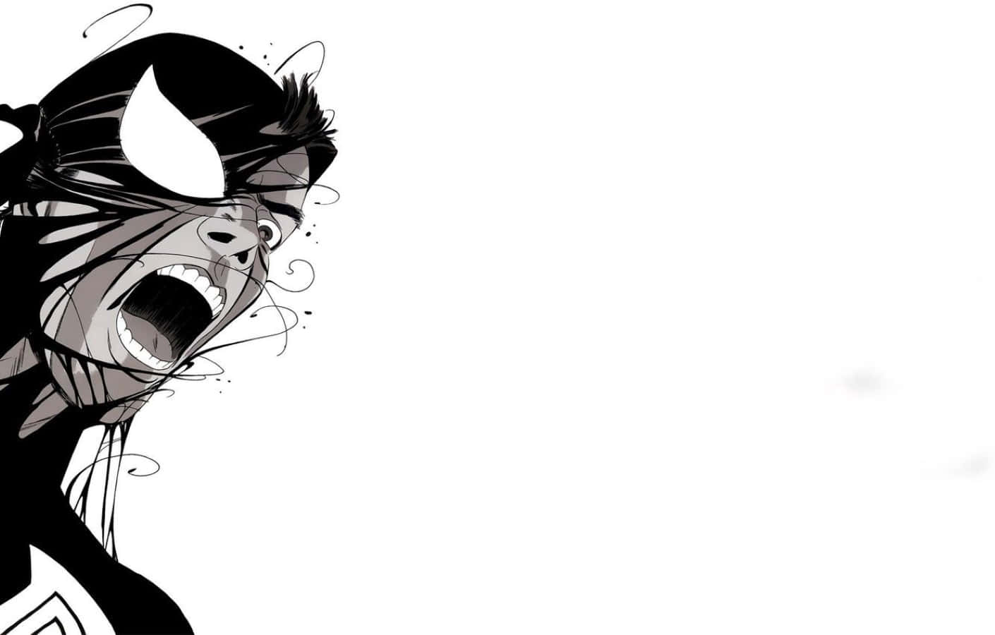 Black And White Comic 桌布 壁紙 — 一幅動態黑白動漫風格插圖，描繪一位尖叫的超級英雄，頭髮飄逸，墨水飛濺，背景為純白色。
