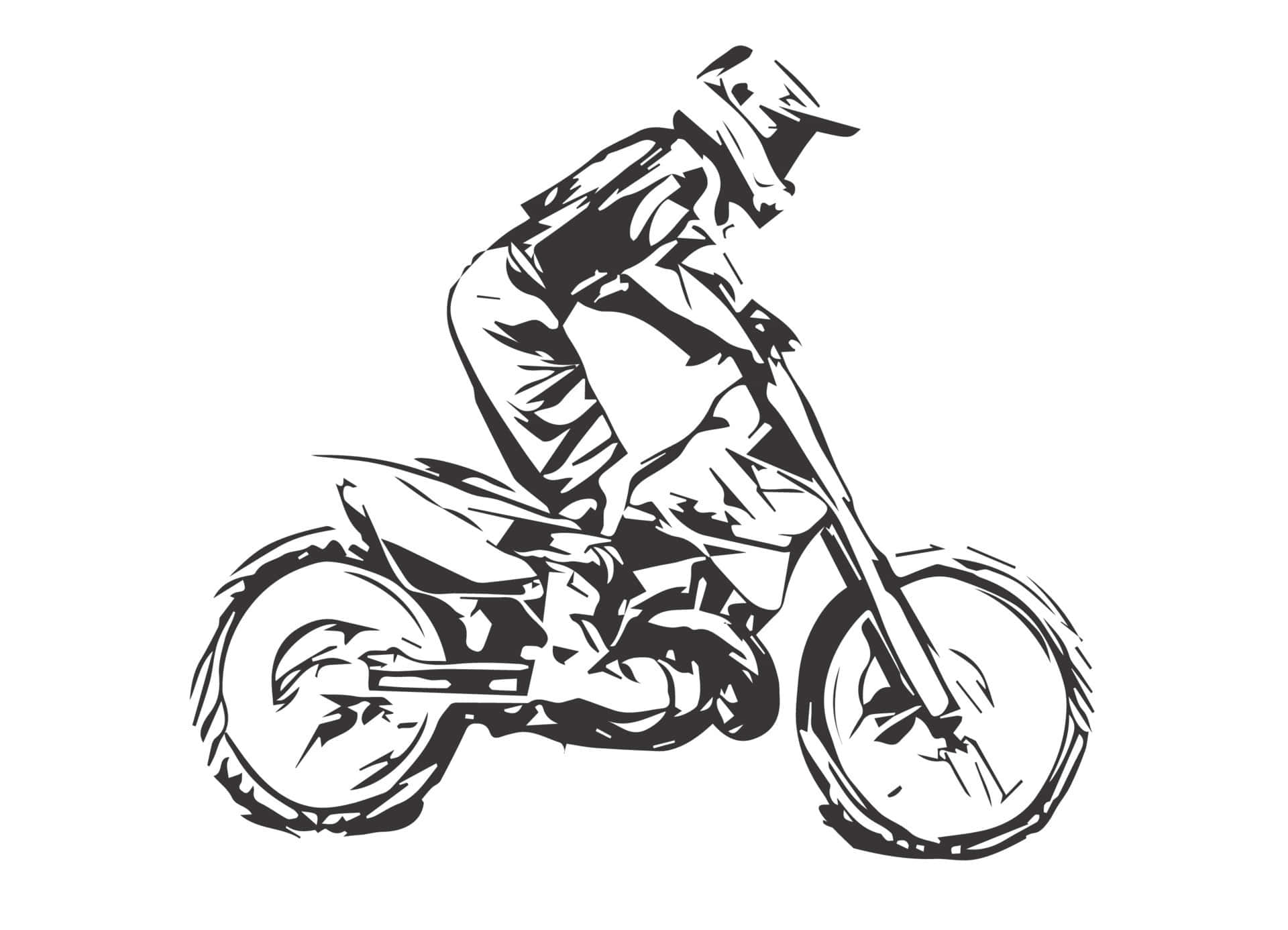 Motocross 桌布 壁紙 — 一幅動態黑白插圖，描繪一位越野電單車手在泥地電單車上傾斜入彎。