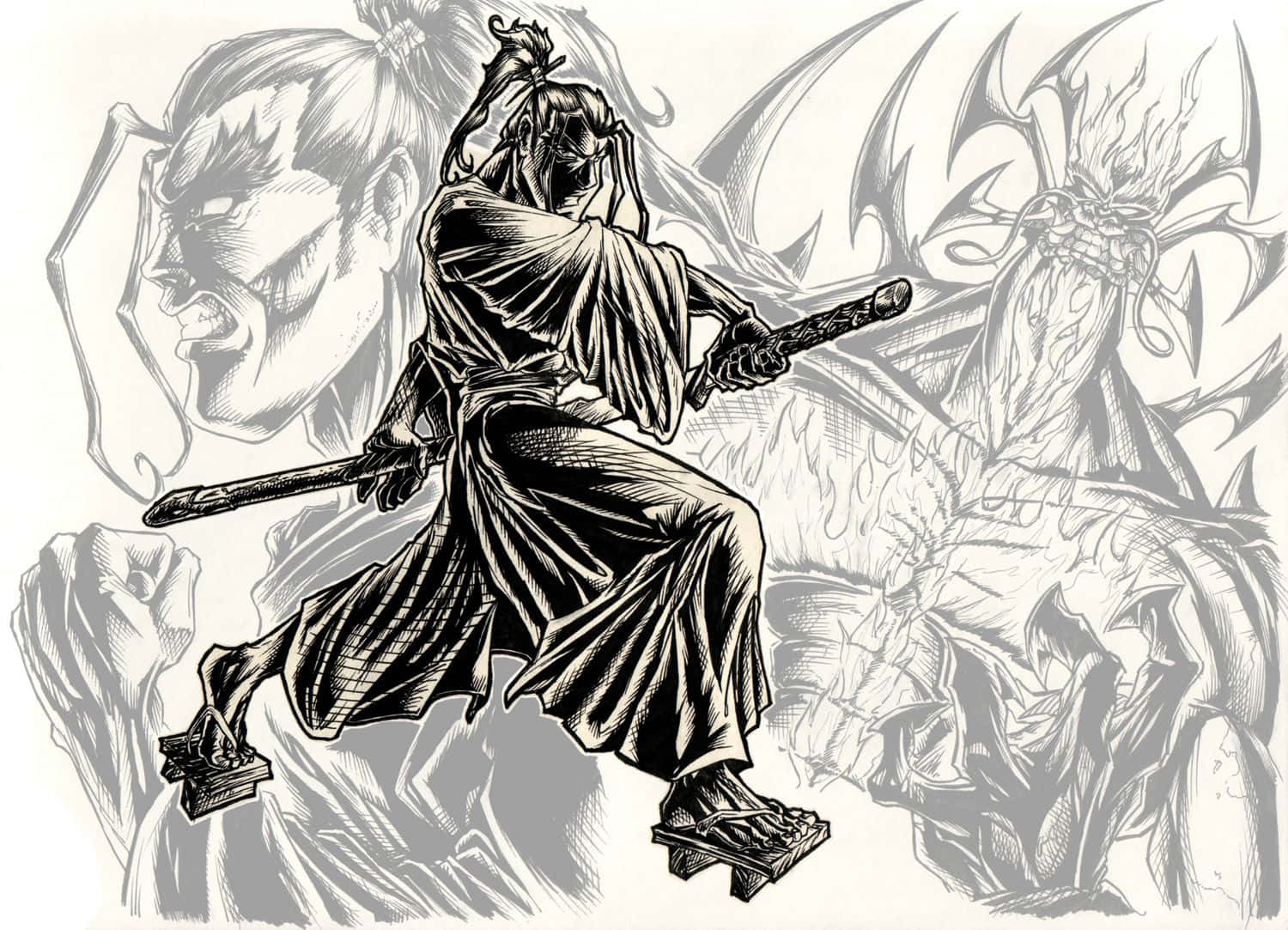 samurai jack 桌布 壁紙 — 一幅動態黑白插圖，描繪一名武士揮舞著刀，背景是兇猛的惡魔面孔和龍形生物。