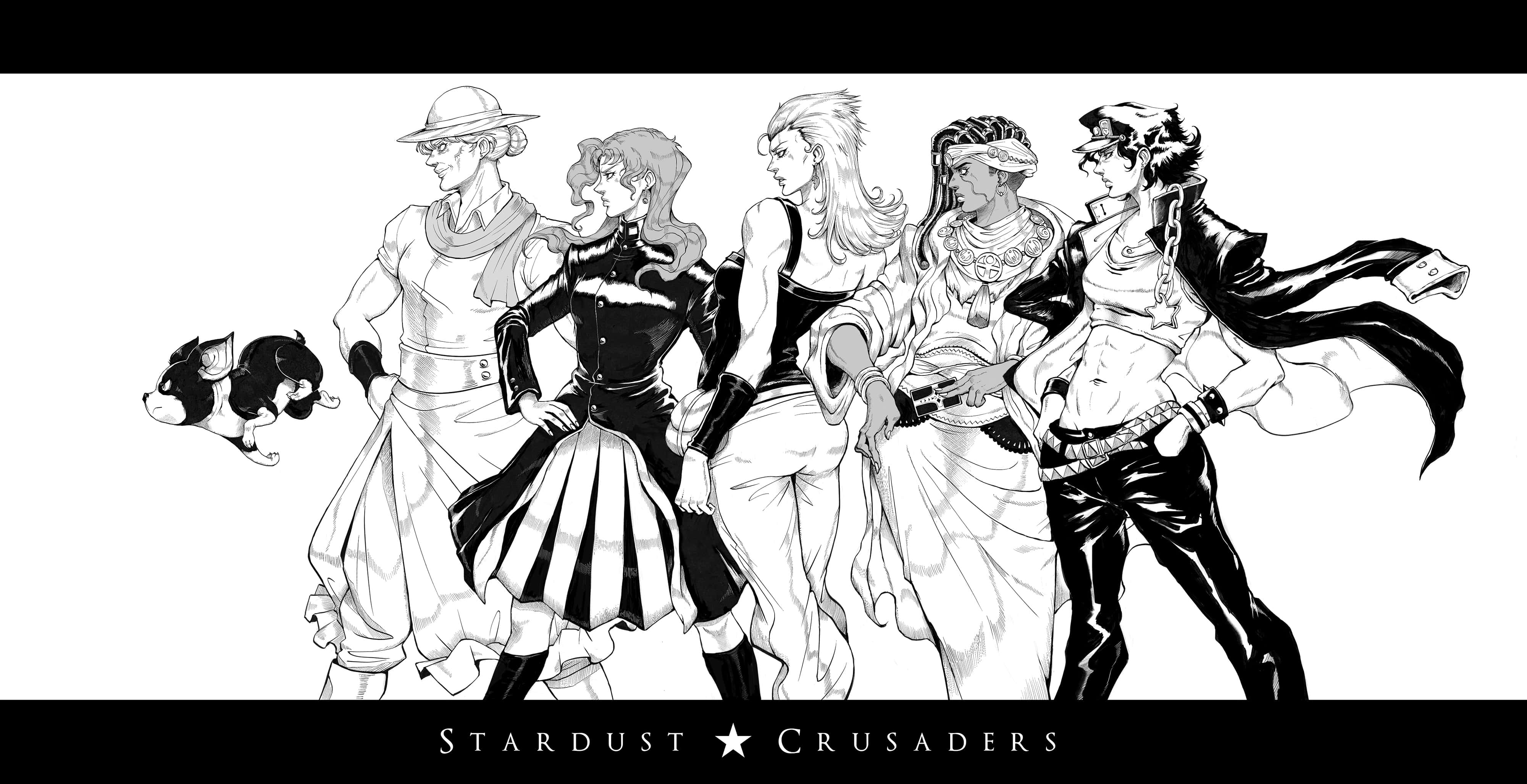 Stardust Crusaders 桌布 壁紙 — 一幅動態黑白插圖，描繪了五個風格化的動漫角色和一隻小貓，在純色背景上自信地擺出姿勢。