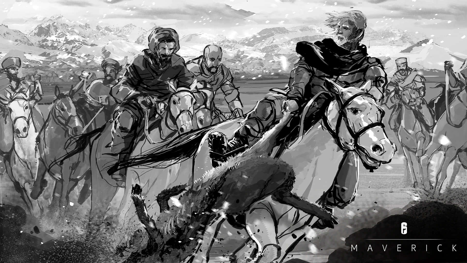 Rainbow Six Siege Maverick 桌布 壁紙 — 一幅動態黑白插圖，描繪騎馬戰士在積雪的山地地形上衝鋒，旁邊有一隻狗在奔跑。