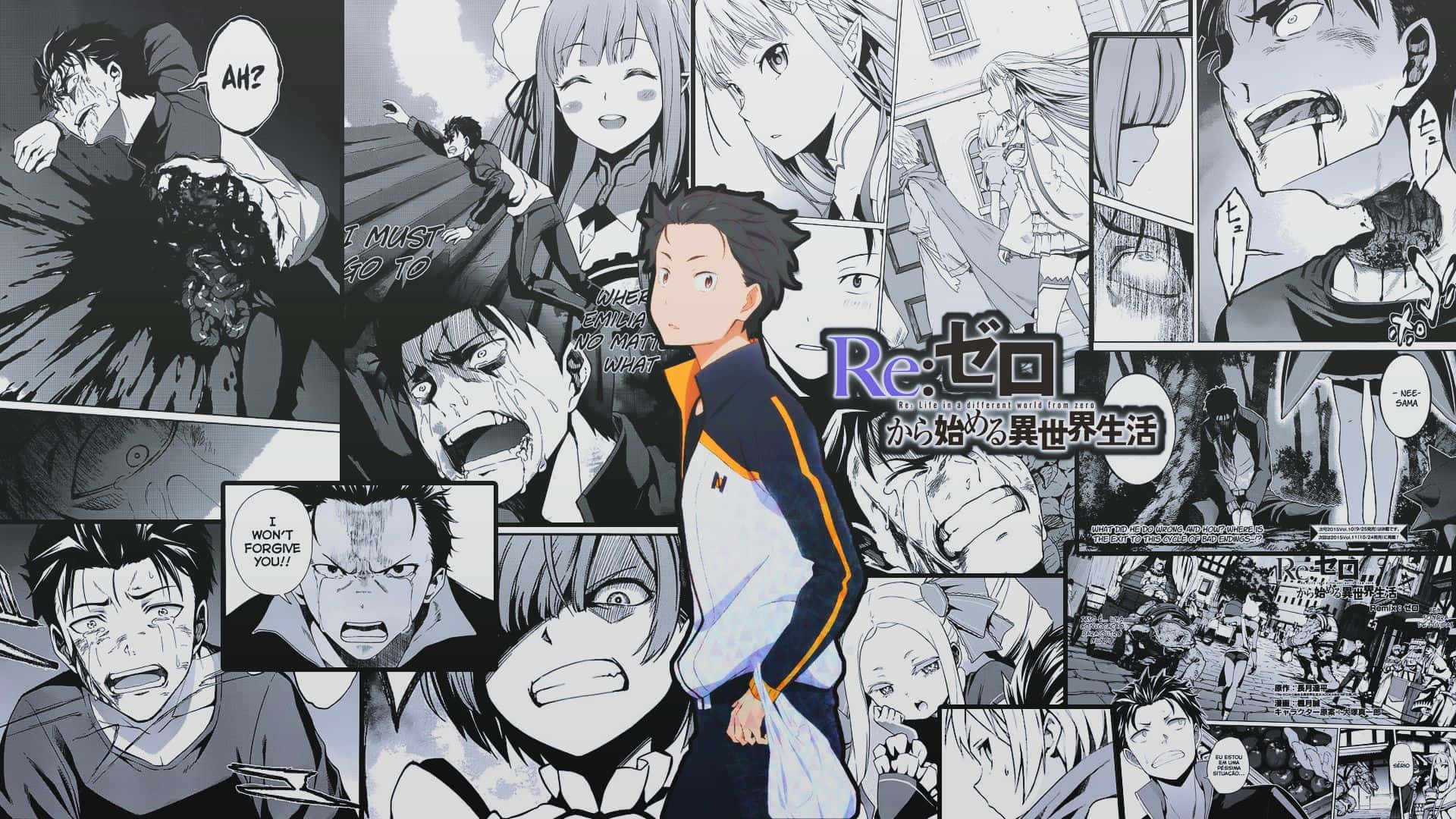 Subaru Natsuki 桌布 壁紙 — 一幅動態黑白漫畫拼貼，展現Rezero中強烈的角色表情和戲劇性畫面。