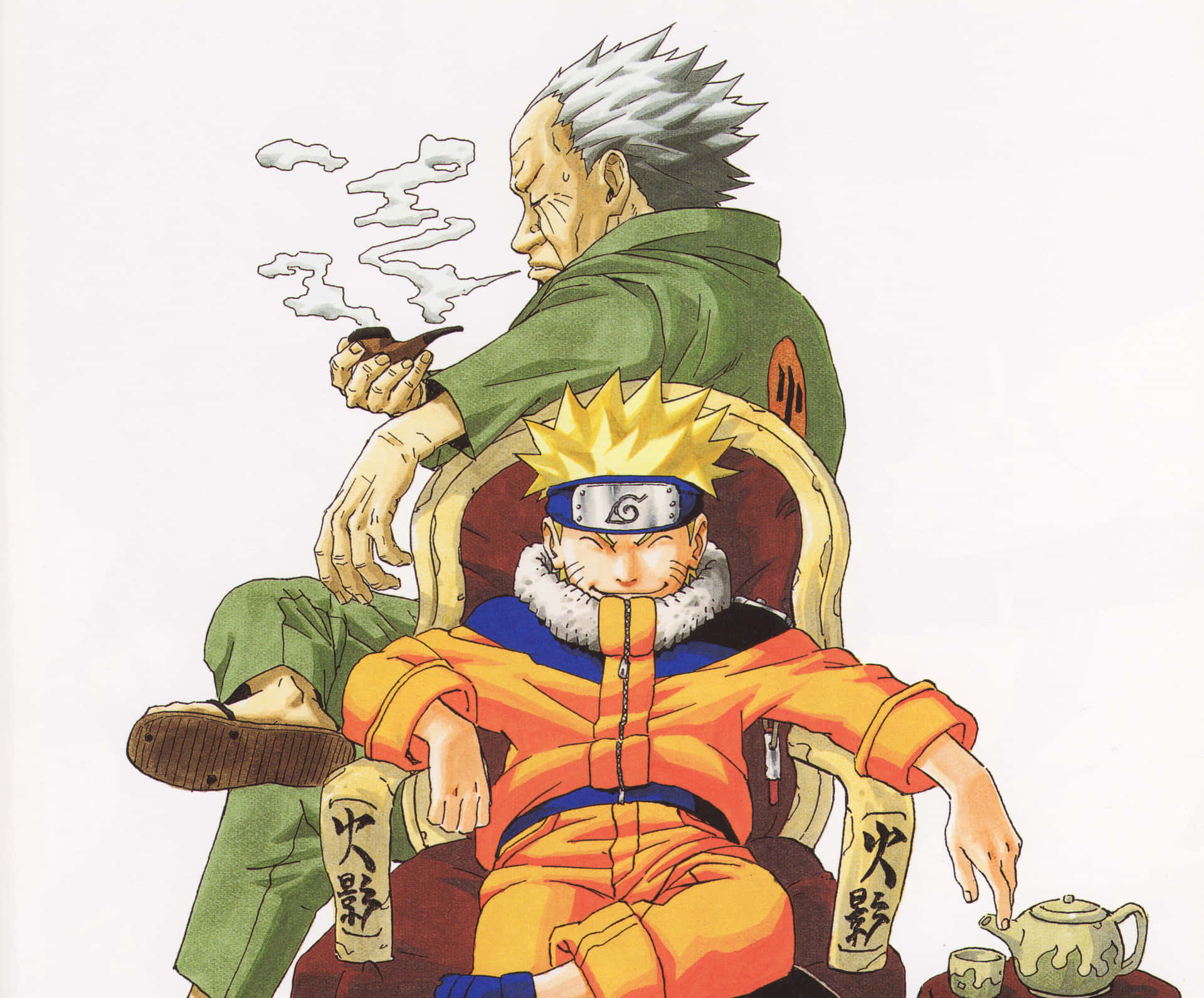 Hiruzen Sarutobi 桌布 壁紙 — 一幅動漫插圖，描繪一位老人抽著煙斗，坐在一個穿著橙色連身衣、放鬆地坐在類似王座的椅子上的年輕男孩身後。