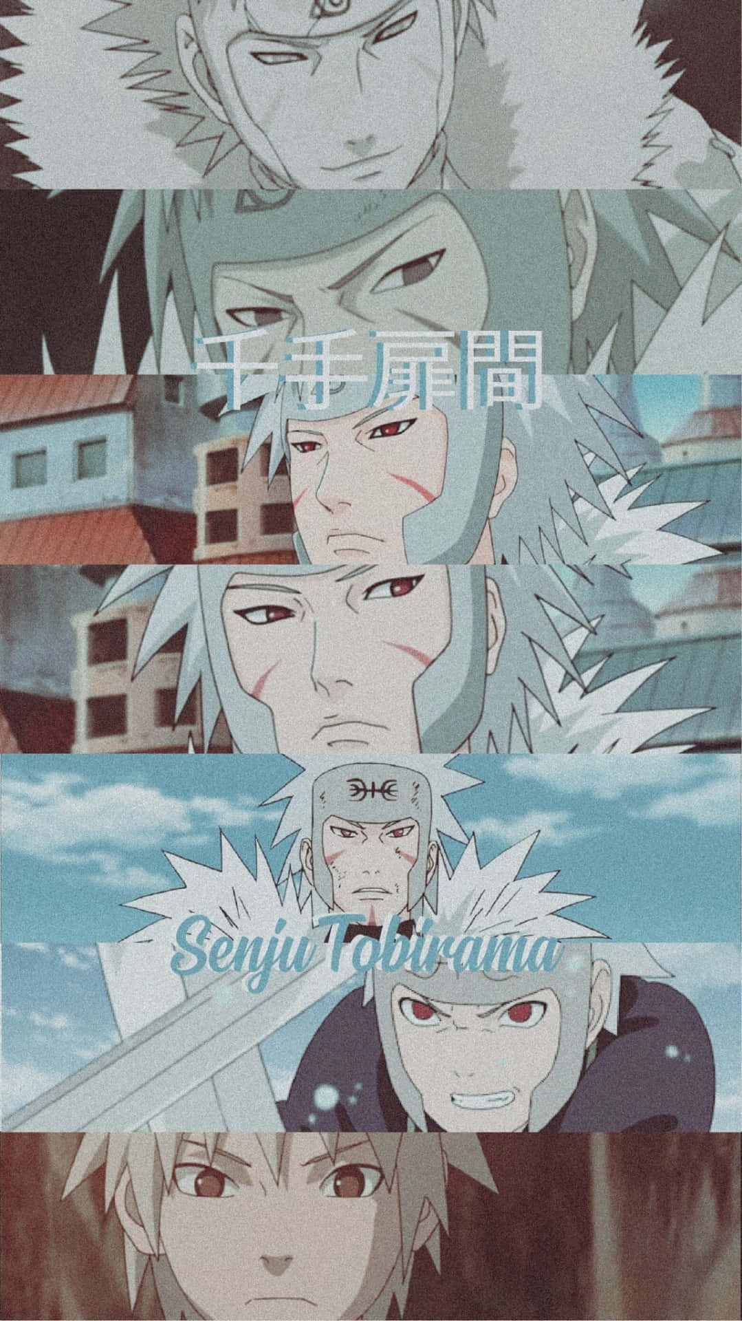tobirama senju 桌布 壁紙 — 一幅動漫角色拼貼畫，角色擁有尖刺頭髮和強烈表情，背景為城市和天空。