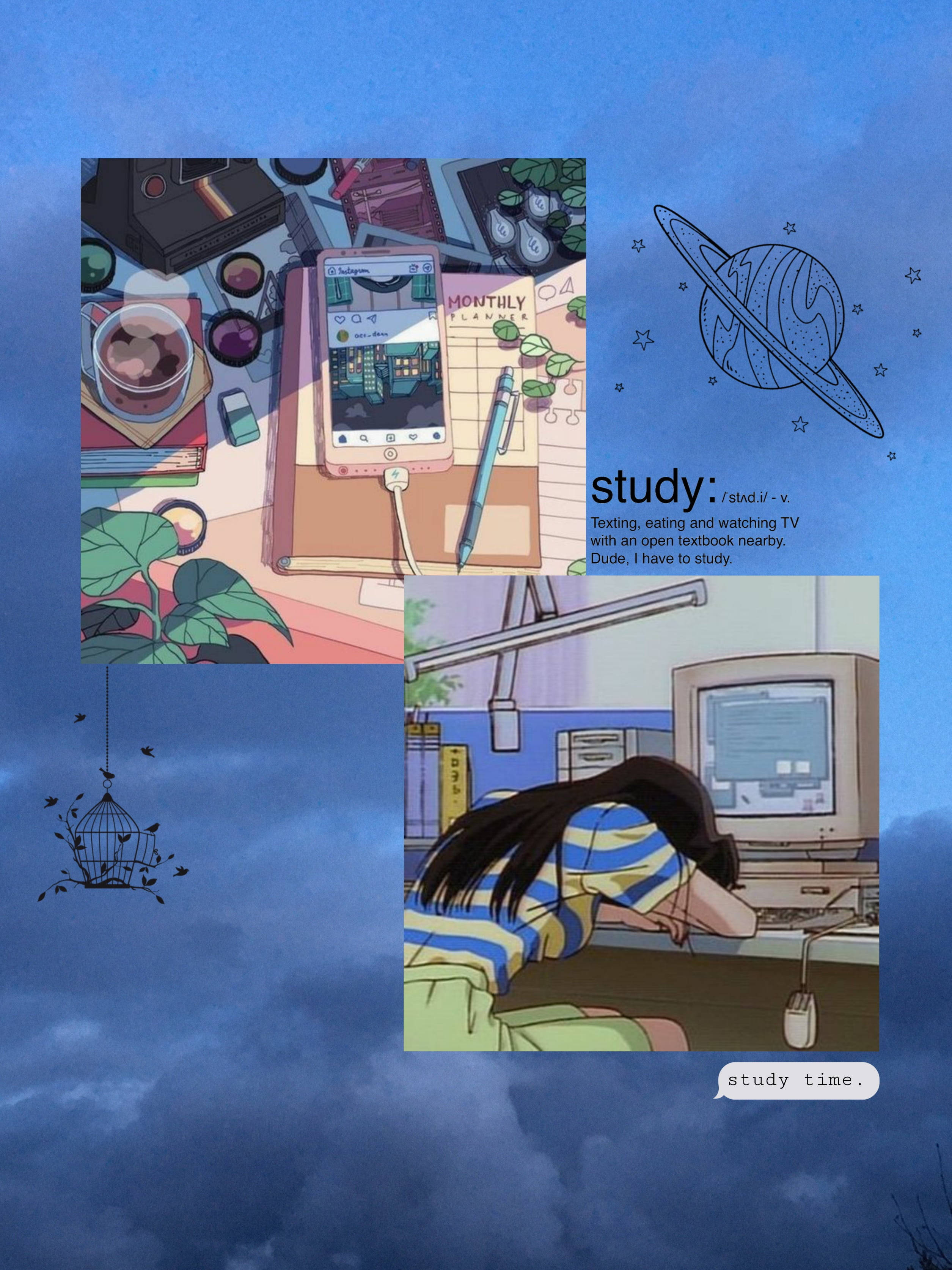 Study Aesthetic 桌布 壁紙 — 一幅動漫風格學習場景的拼貼畫，包含電話、教科書和一個在電腦前疲憊的學生，背景是藍天。