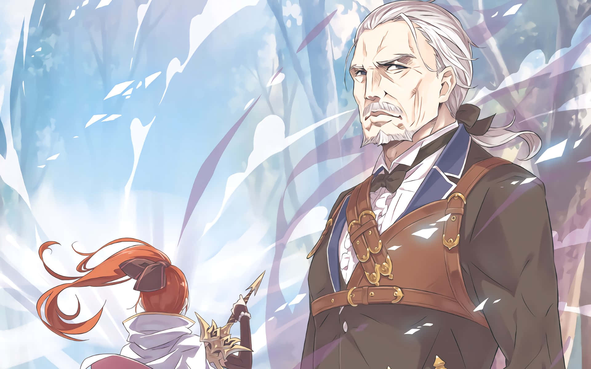 Wilhelm Van Astrea 桌布 壁紙 — 一幅動漫風格插圖，描繪一位嚴肅的白髮年長男子和一位年輕的紅髮戰士，身處魔法能量環繞的森林中。