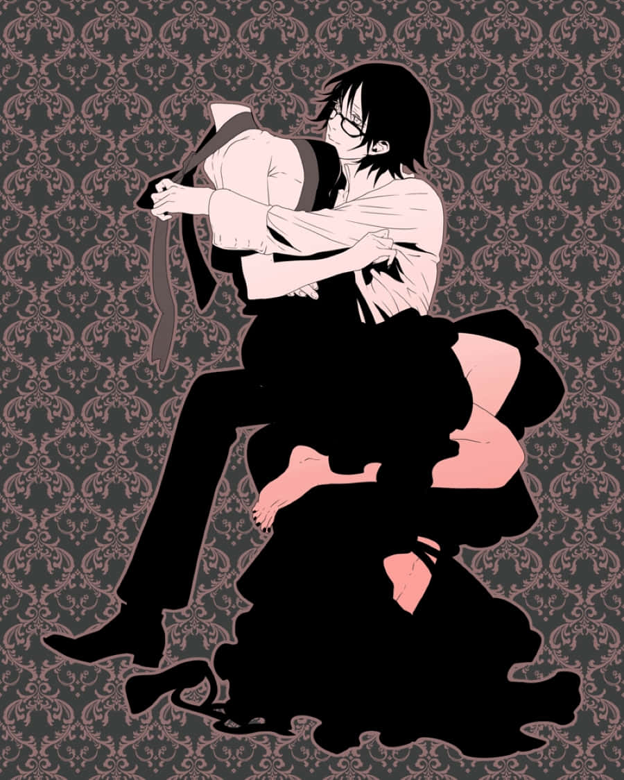 Shinra Kishitani 桌布 壁紙 — 一幅動漫風格插圖，描繪一男一女在深色錦緞牆紙背景前熱情擁抱。