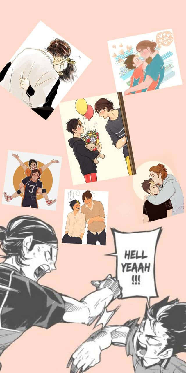 Asahi Azumane 桌布 壁紙 — 一幅動漫風格漫畫面板拼貼畫，在柔和的粉紅色背景上展現角色之間歡樂和激烈的時刻。