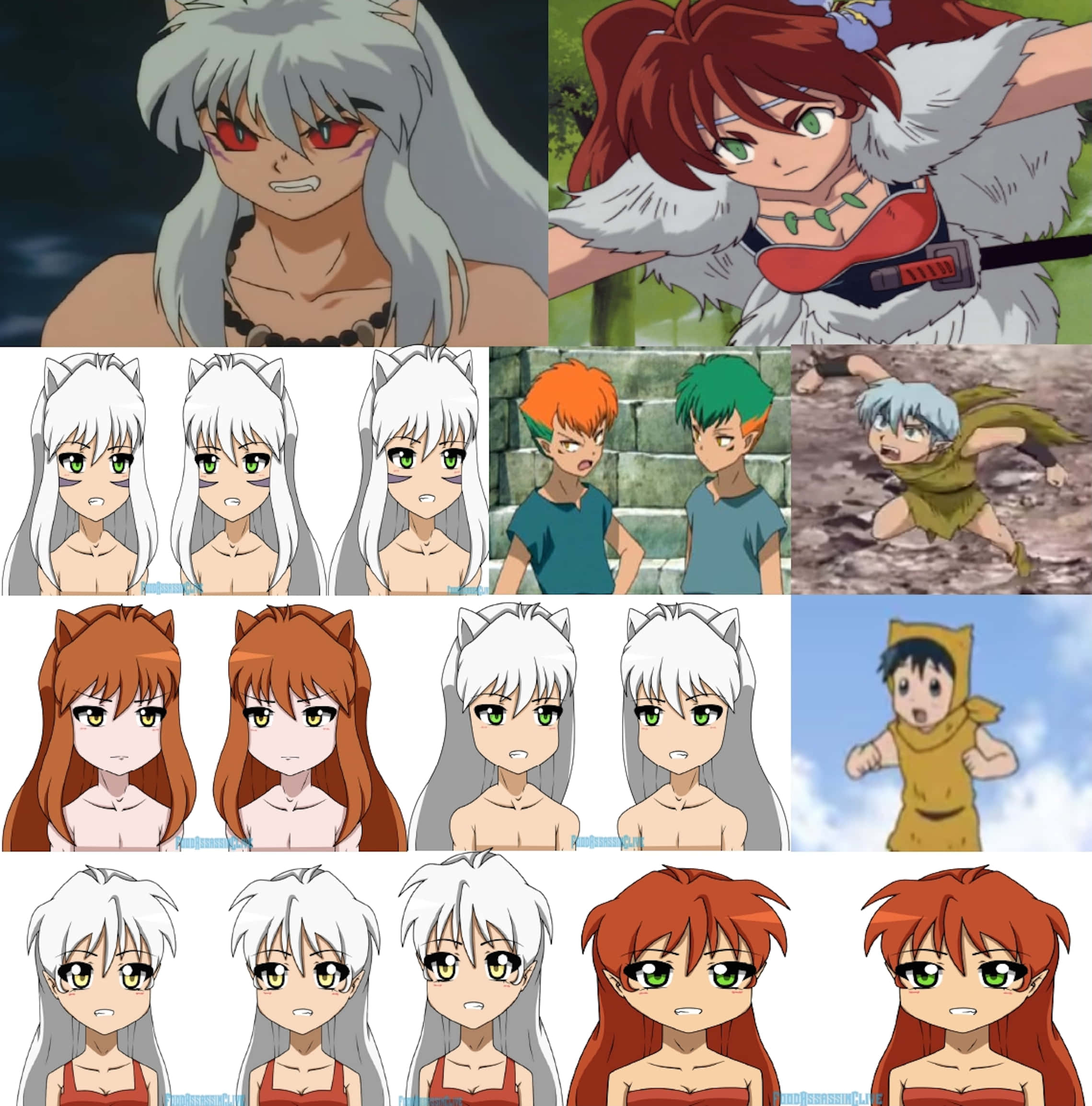 Inuyasha Ayame 桌布 壁紙 — 一幅包含多種髮色和表情的動漫角色拼貼畫，包括銀髮惡魔和紅髮戰士。