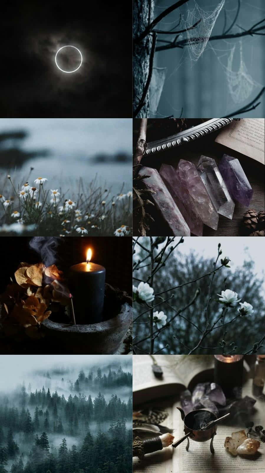 Witch Aesthetic 桌布 壁紙 — 一幅包含日食、霧氣森林、發光蠟燭和昏暗光線下水晶簇的陰鬱場景拼貼畫。